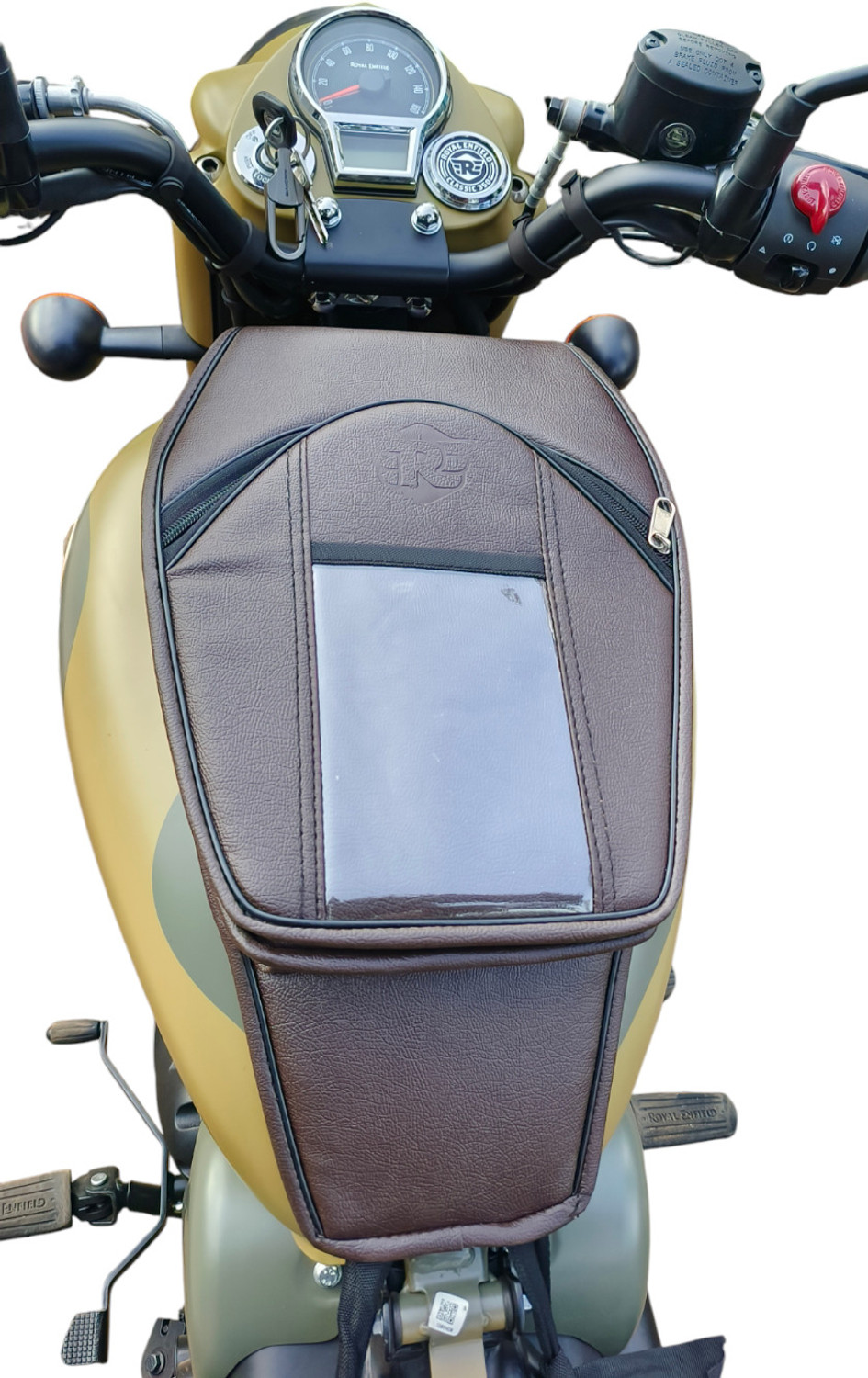 Image of TRENDZ REXINE WORK ROYAL ENFIRLD TANK COVER BROWN FOR CLASSIC350 /500 ELECTRA STANDARD Strap Royal Enfield Classic 350, Classic 500, Classic Desert Storm, Electra Twin Spark, Classic Chrome Bike Tank Cover
