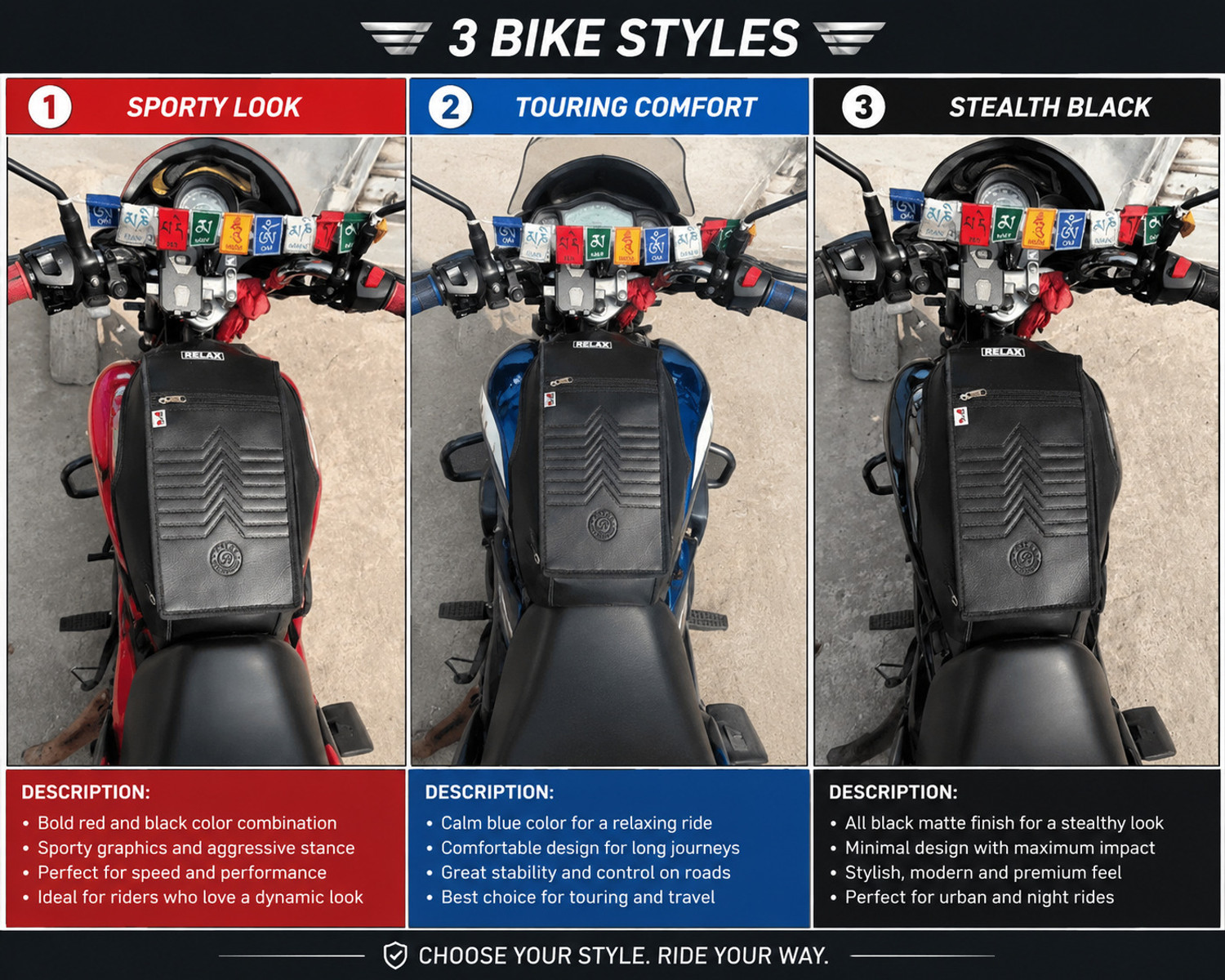 Image of MotoBlink Universal Tank Cover Strap Hero, Honda, TVS Splendor, Passion, HF Bike Tank Cover