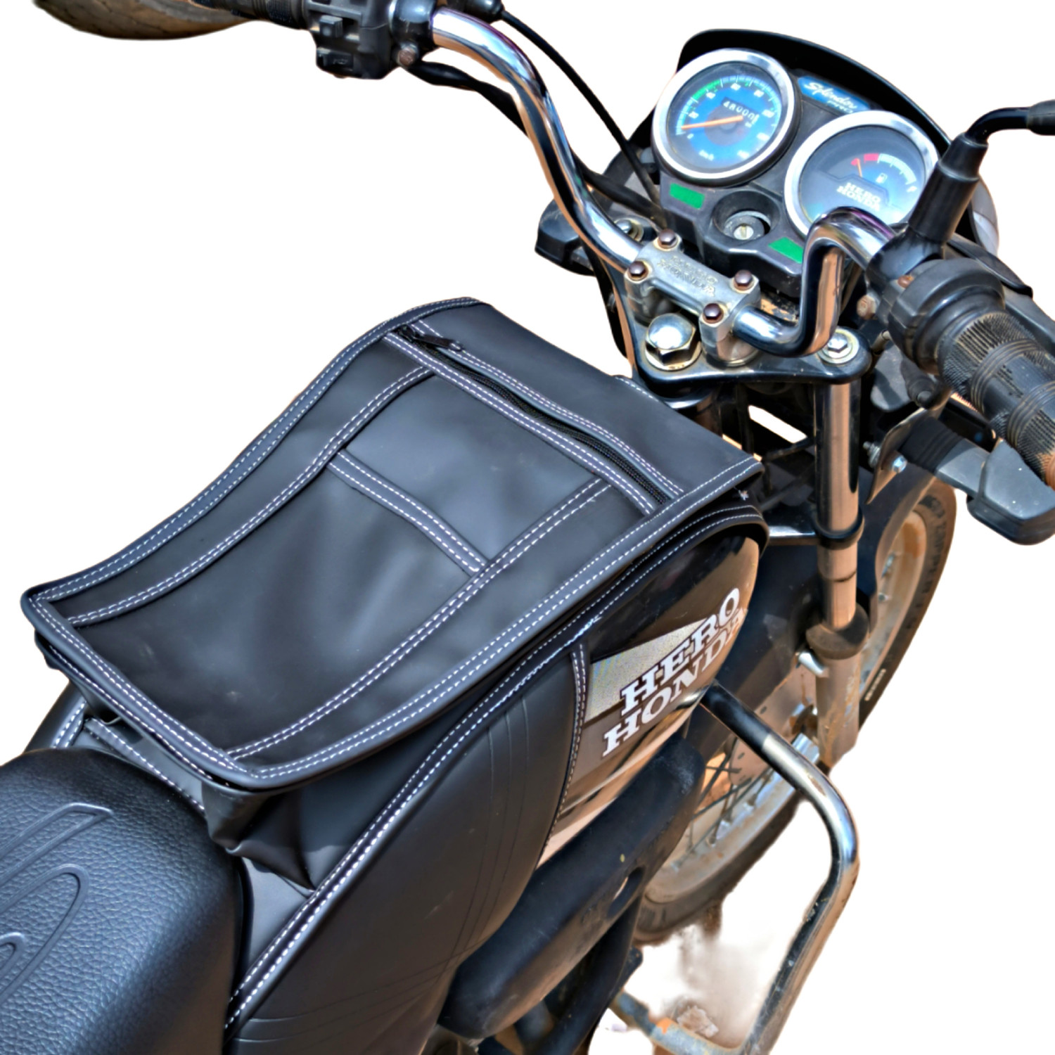 Image of REXIN M D Liners white stitched Strap Hero Splendor Bike Tank Cover