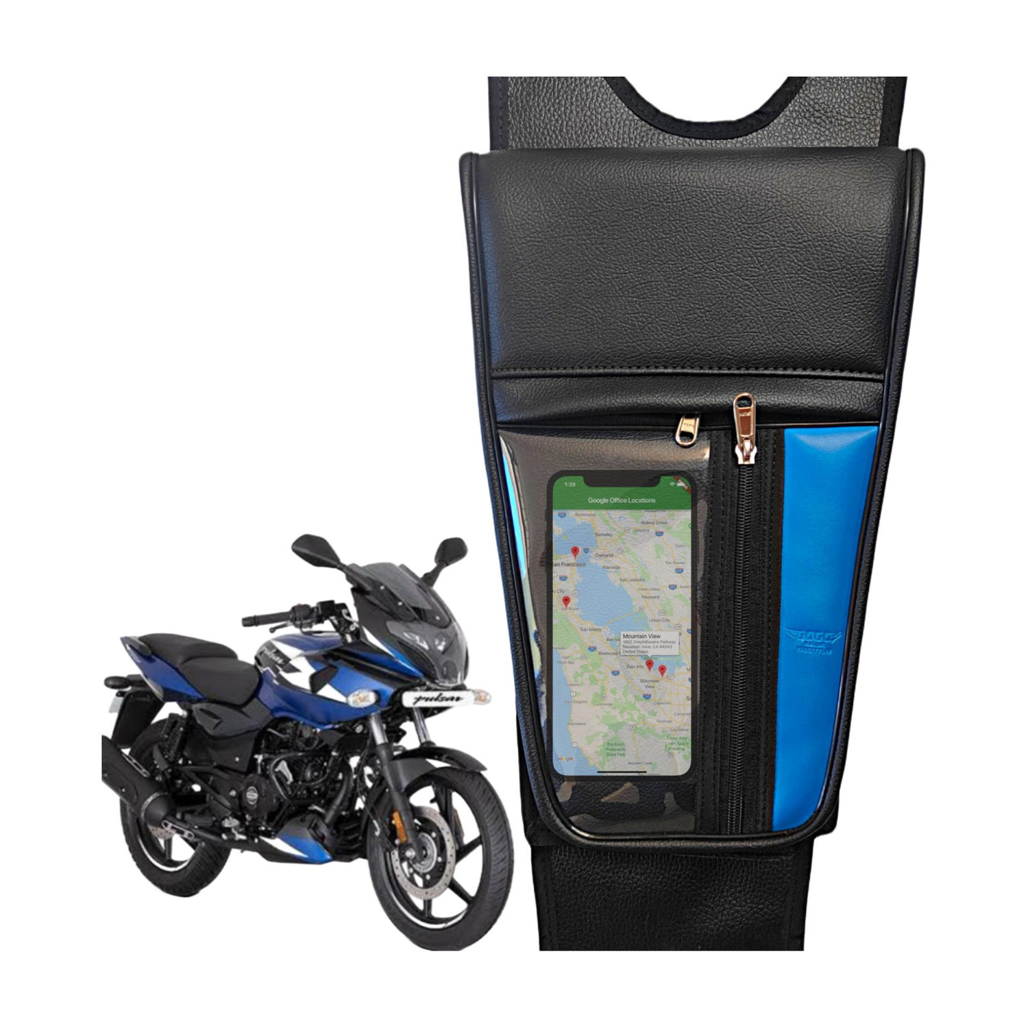 Image of REXIN M D Liners Pulsar 220 premium blue mobile pouch tank cover SZB 9 Strap Bajaj Pulsar 220F, Pulsar 220 DTS-i Bike Tank Cover