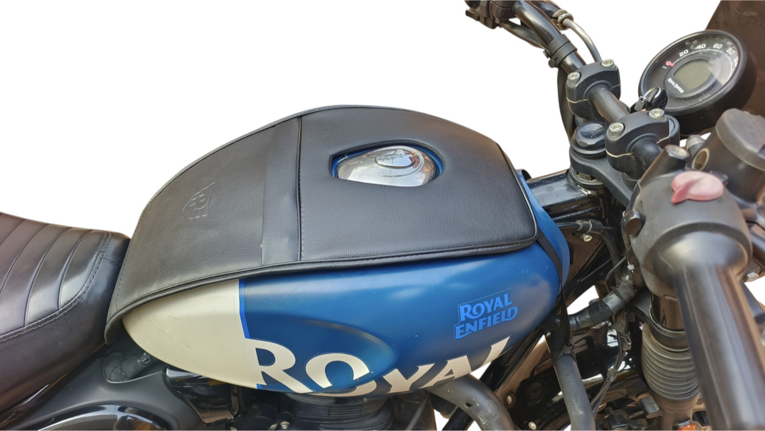 Image of TRENDZ REXINE WORK TANK COVER FOR ROYAL ENFIELD HUNTER 350 ALL NEW MODEL classic REBORN standard Strap Royal Enfield Classic 350, Electra Bike Tank Cover