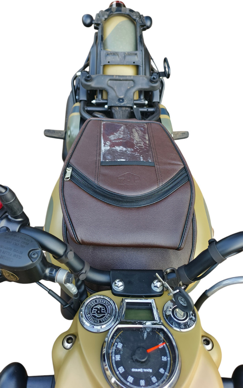 Image of TRENDZ REXINE WORK ROYAL ENFIRLD TANK COVER BROWN FOR CLASSIC350 /500 ELECTRA STANDARD Strap Royal Enfield Classic 350, Classic 500, Classic Desert Storm, Electra Twin Spark, Classic Chrome Bike Tank Cover