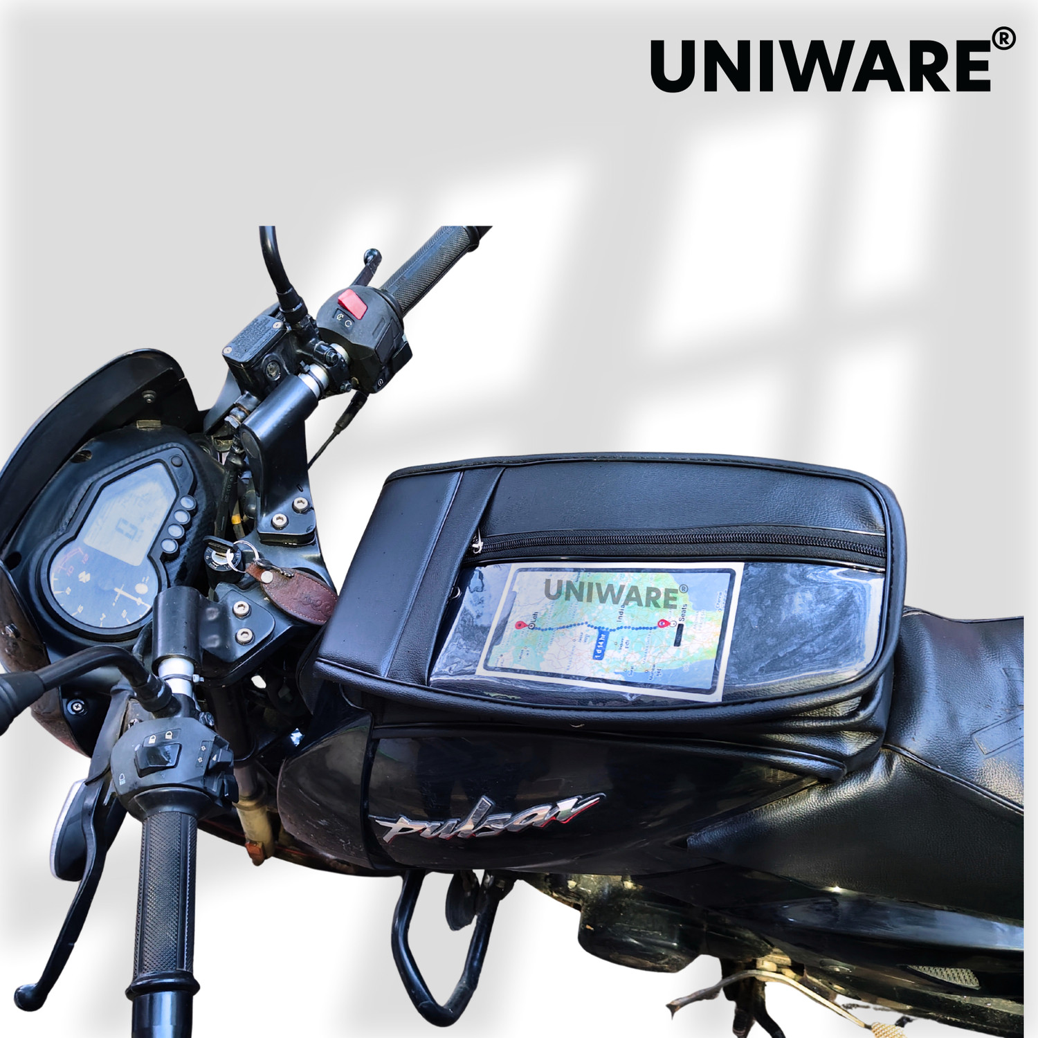 Image of Uniware Leather Scratch Proof Tank Cover /Bag with Mobile Touch Pocket Strap Bajaj Pulsar, Pulsar 125 Neon, Pulsar 150, Pulsar 180 DTS-i Bike Tank Cover