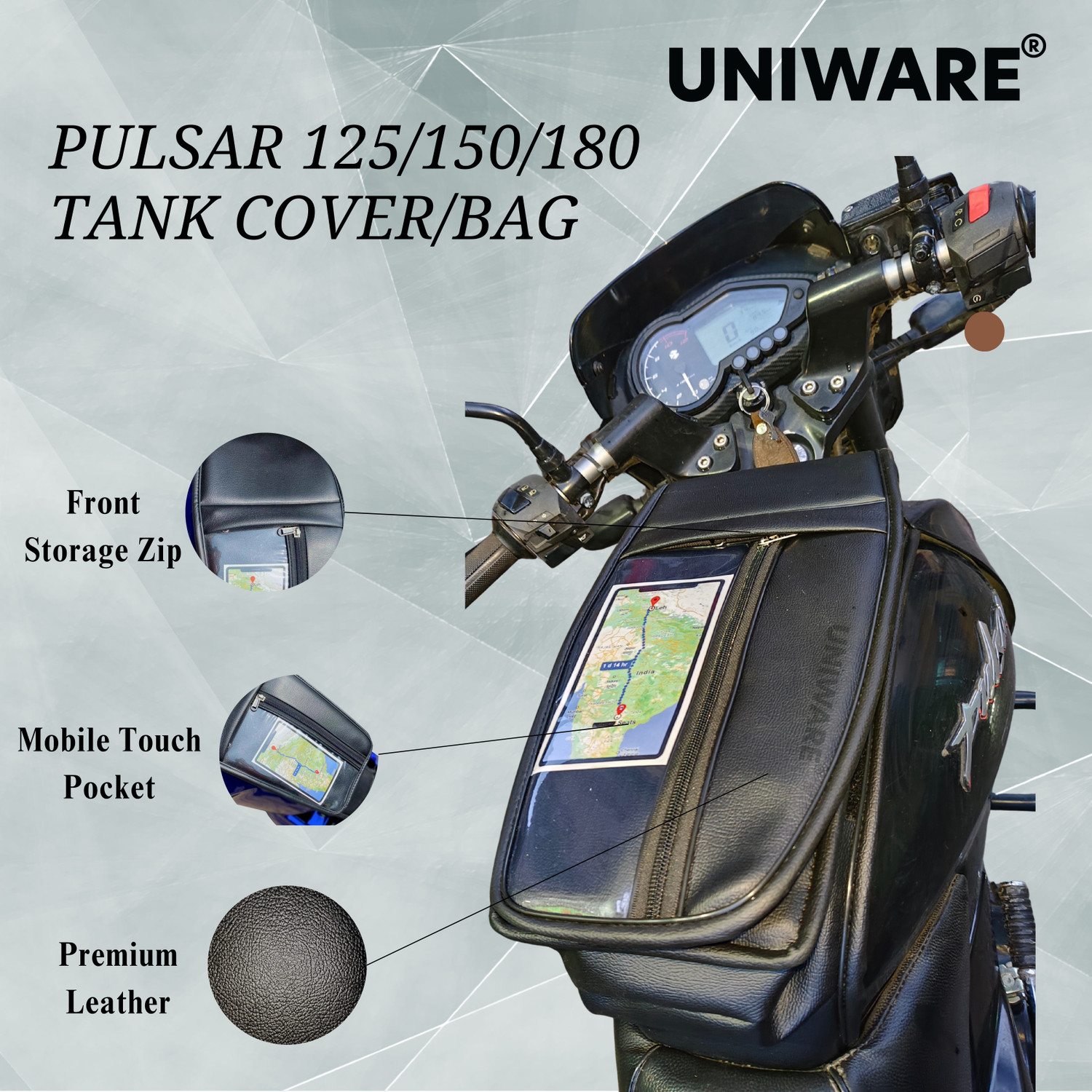 Image of Uniware Leather Scratch Proof Tank Cover /Bag with Mobile Touch Pocket Strap Bajaj Pulsar, Pulsar 125 Neon, Pulsar 150, Pulsar 180 DTS-i Bike Tank Cover