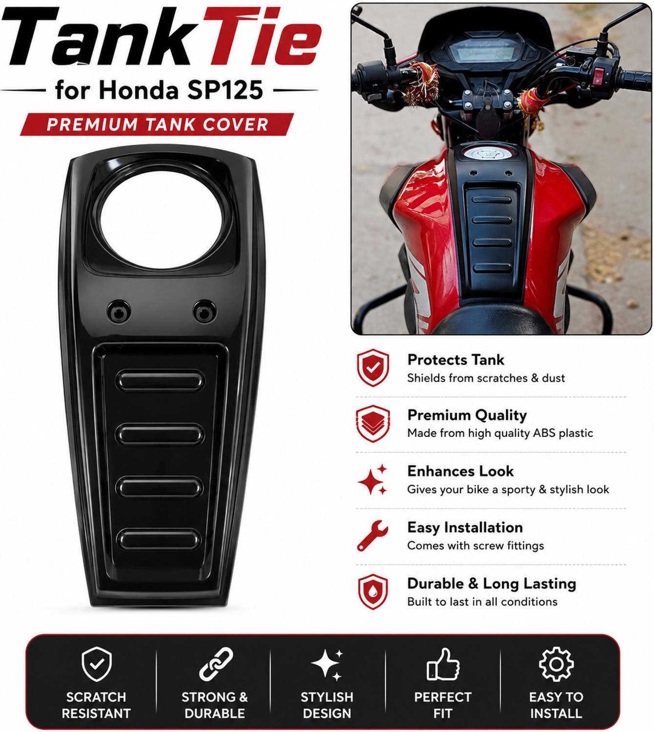 Image of ASRYD TankTie for Honda SP125 (Black) Strap Honda SP125 Bike Tank Cover