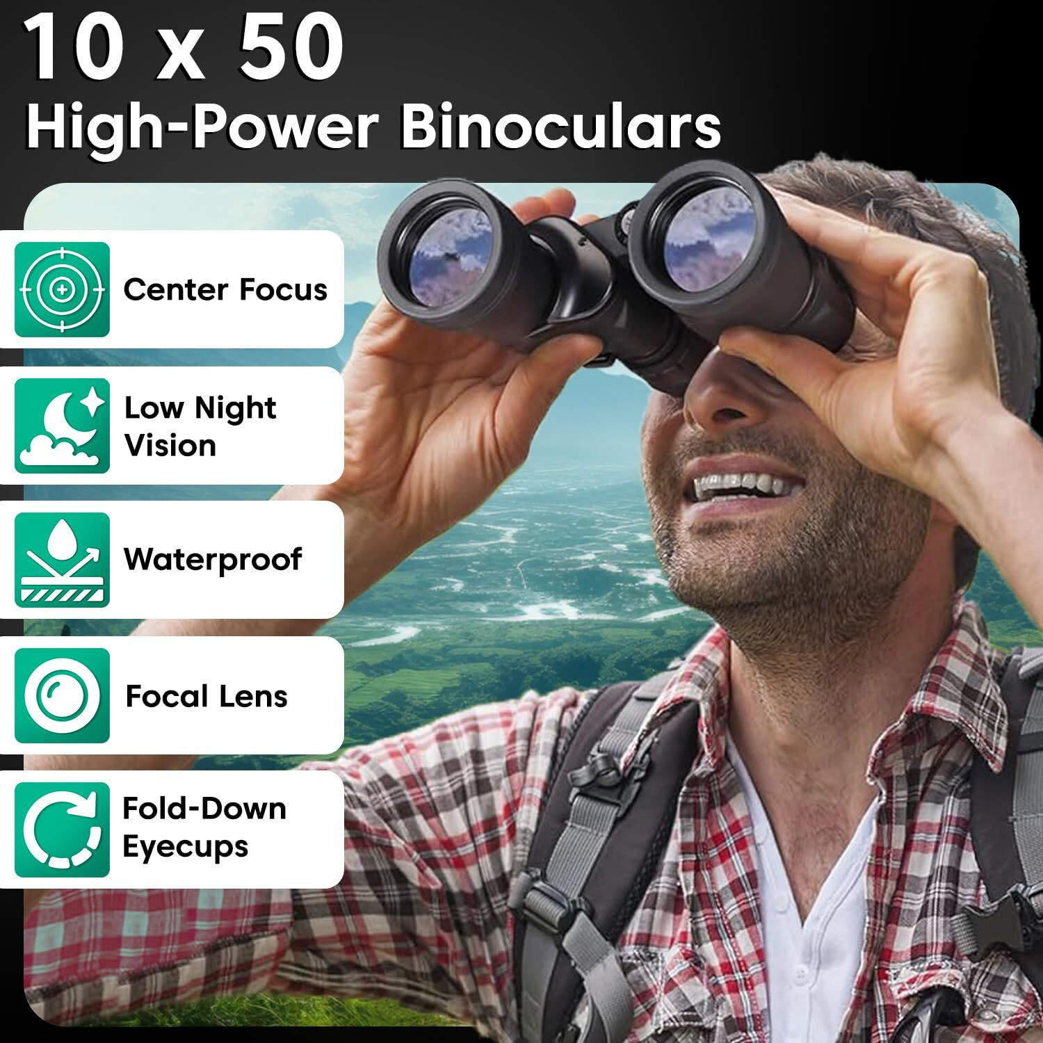 Image of sounce 10x50 High-Power Binoculars - Wide 24mm Eyepiece, Durable, FMC Coated Optics Binoculars