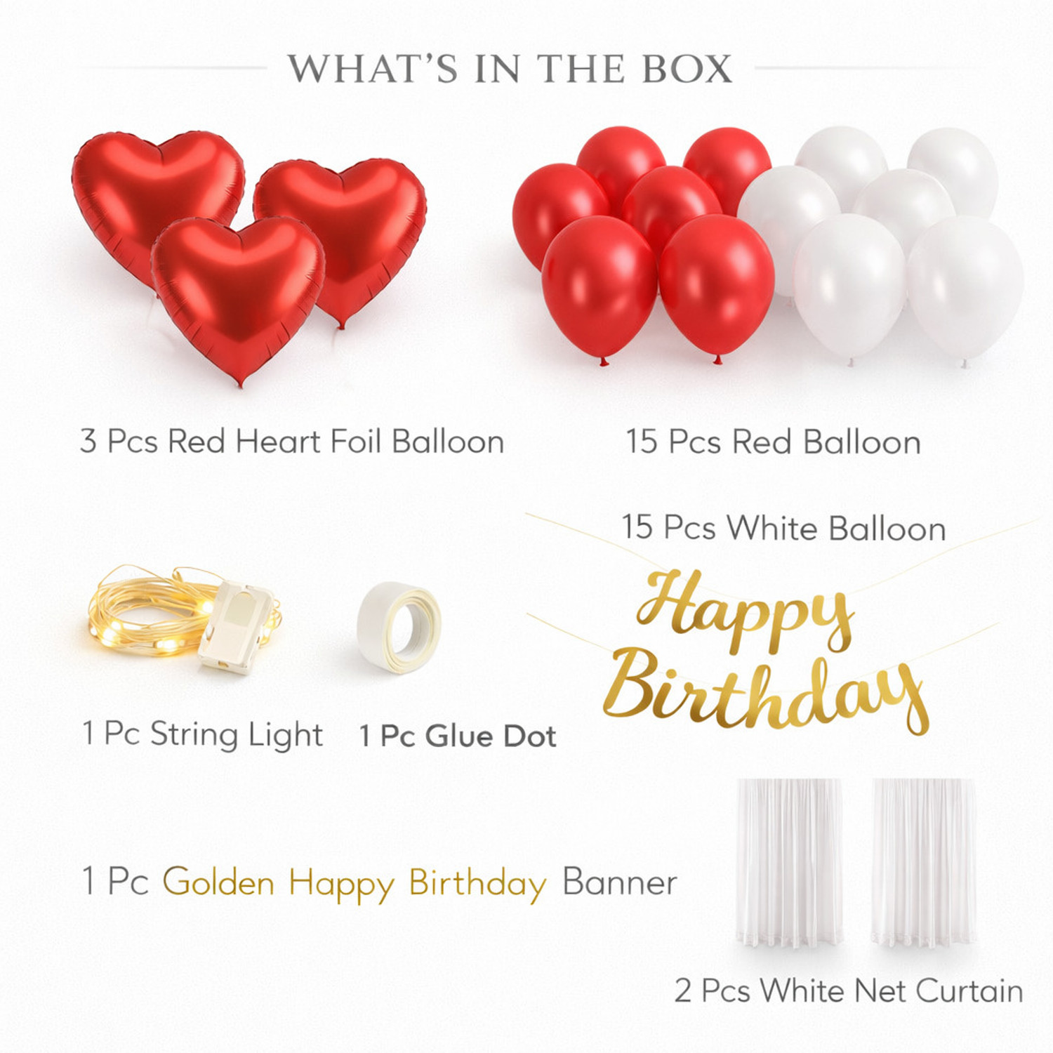 Image of REVAYAA Romantic Red Birthday Decoration Kit with Net Curtain LED Lights