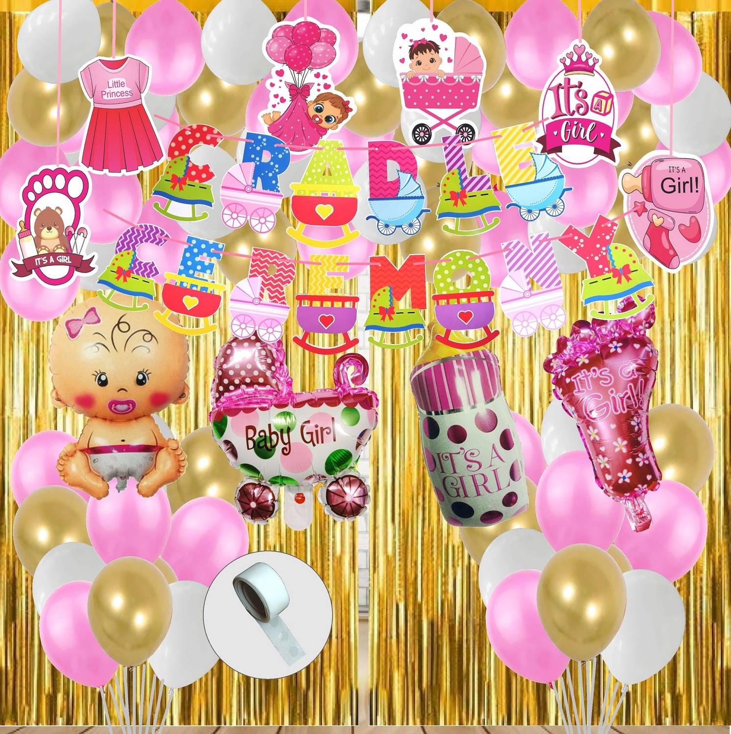 Agk Cradle Ceremony Decoration Item For Baby Girl, Balloon, Bunting Banner, Curtain