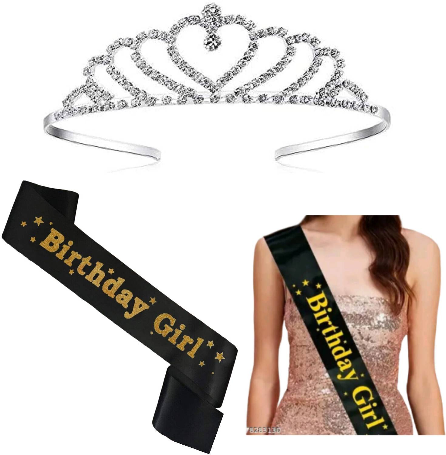 BUNTY PRODUCT HEART CROWN AND BLACK SASH BIRTHDAY COMBO FOR KIDS ABOVE 3 YRS, GIRLS AND WOMEN