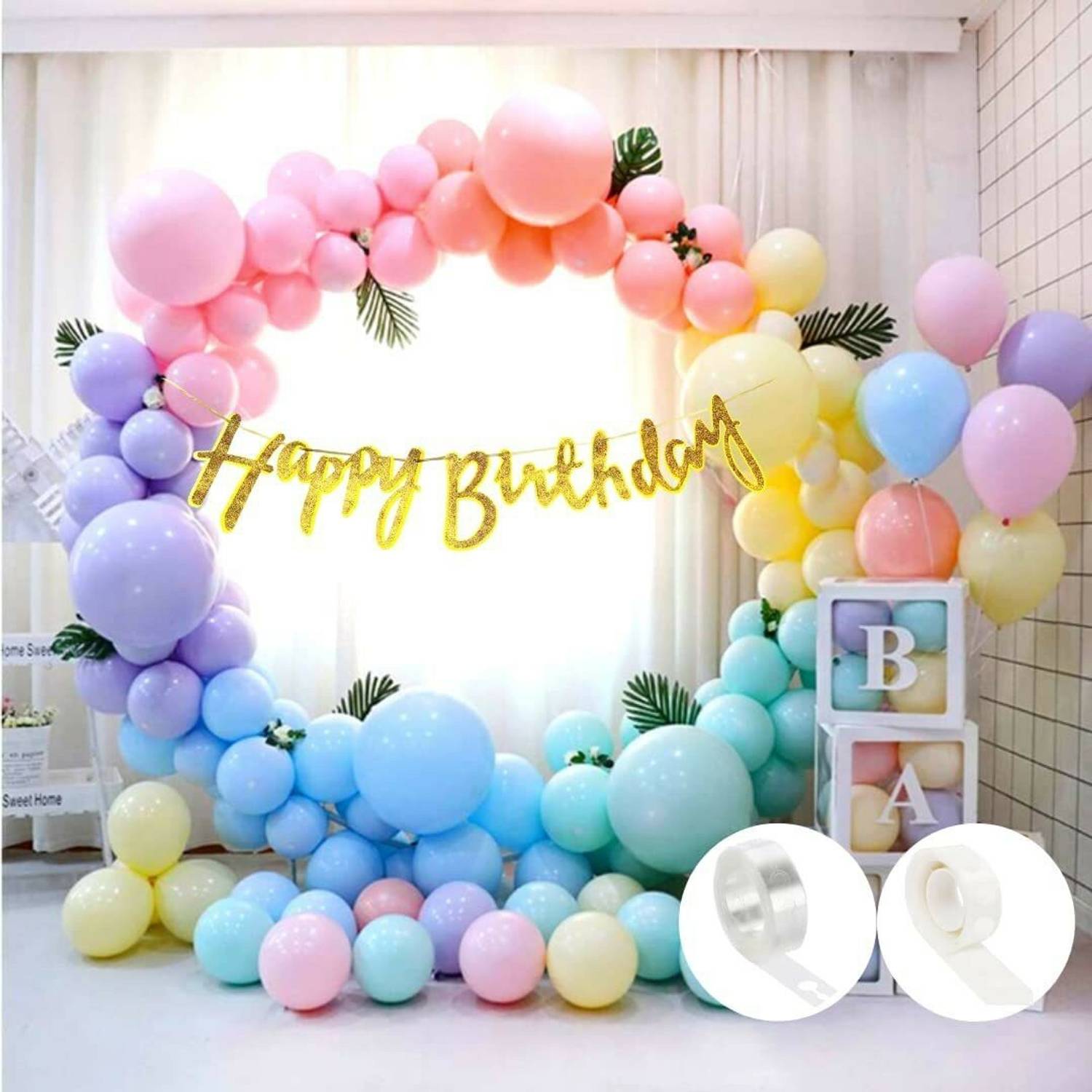 1iAM Birthday decorating items with birthday Banner and Multi color Pastel balloons