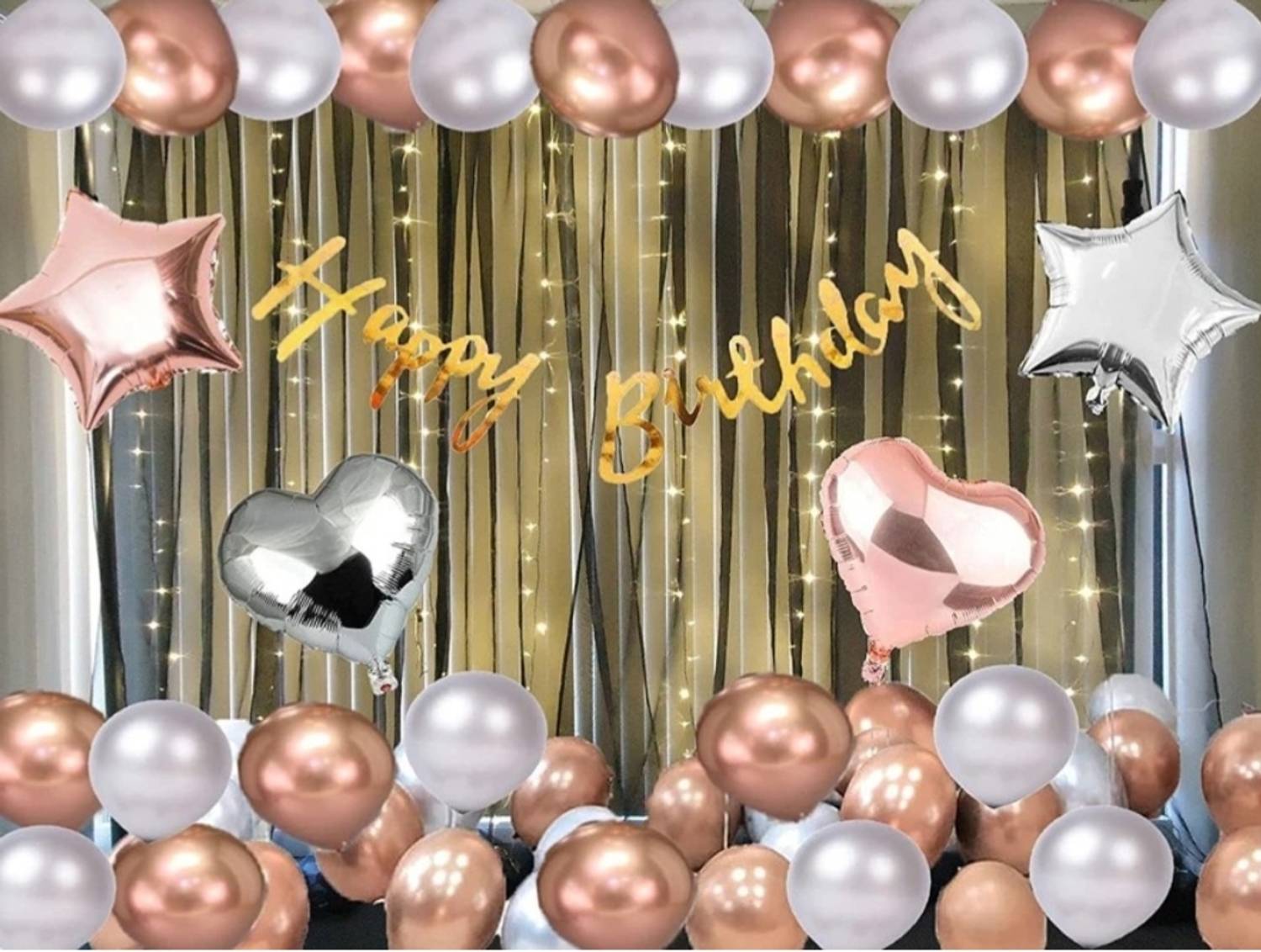 bld shine Rose Gold Silver Birthday Decoration Combo Balloons & Foil Star Heart