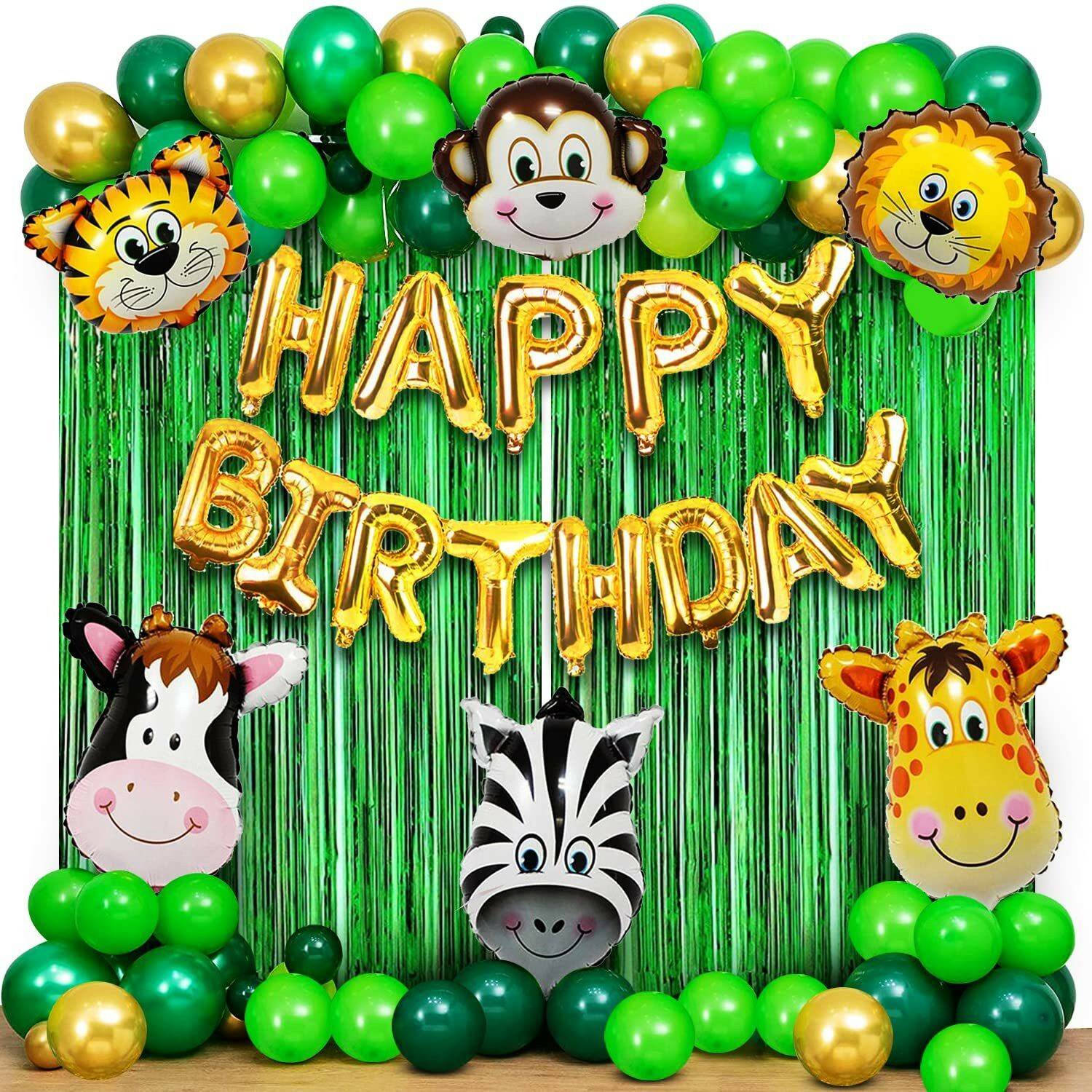 1iAM Jungle Theme Birthday Party Decoration with animal face foil balloons