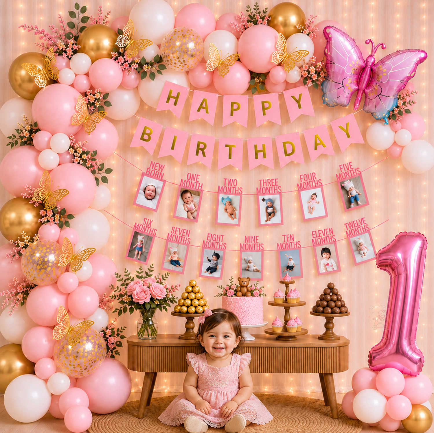 nakomoco ELEGANT PINK BUTTERFLY BIRTHDAY DECORATION KIT OF 44PCS– FOR GIRL