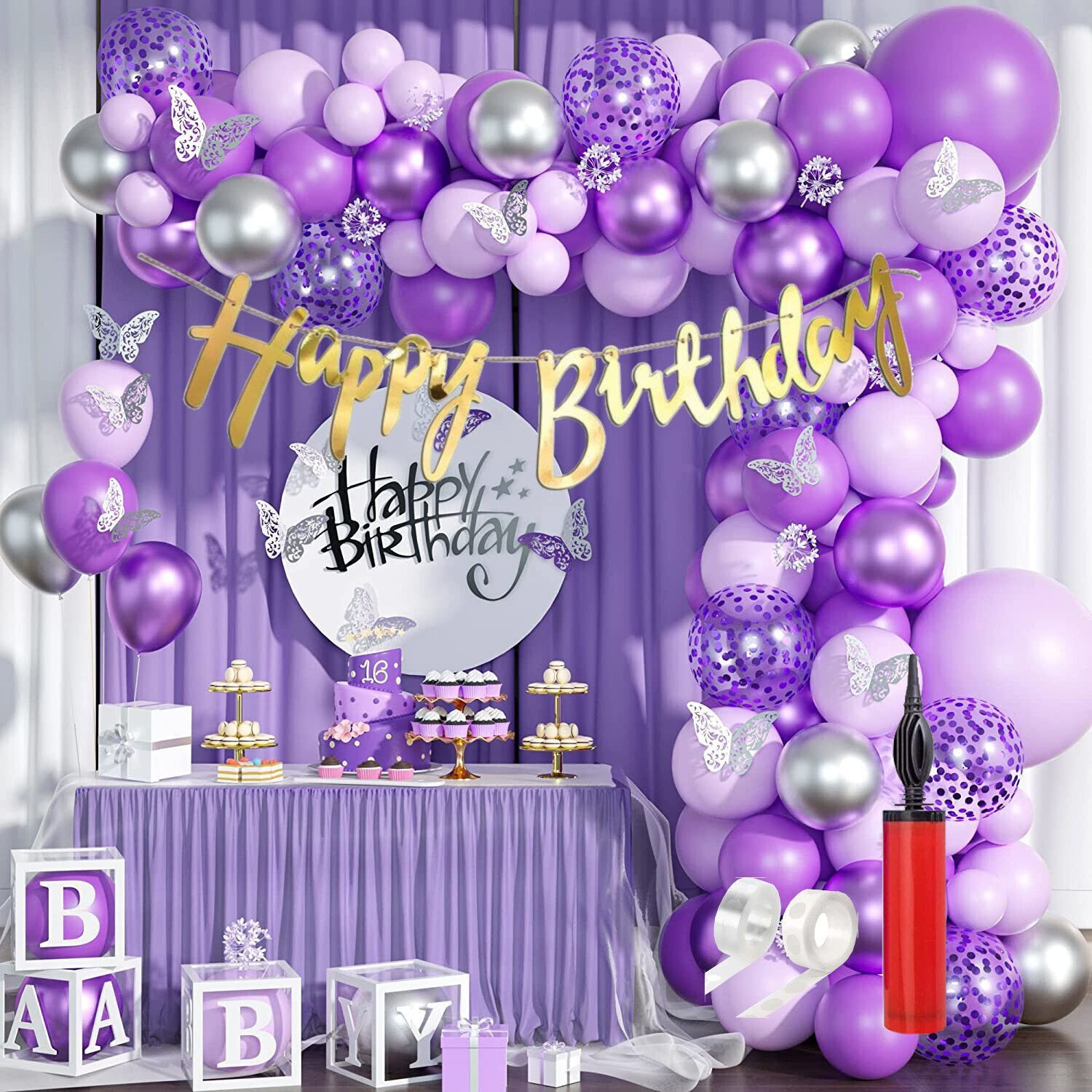 Image of R G ACCESSORIES Purple Silver Balloons, Happy Birthday Decoration Kit (Pack Of 100)