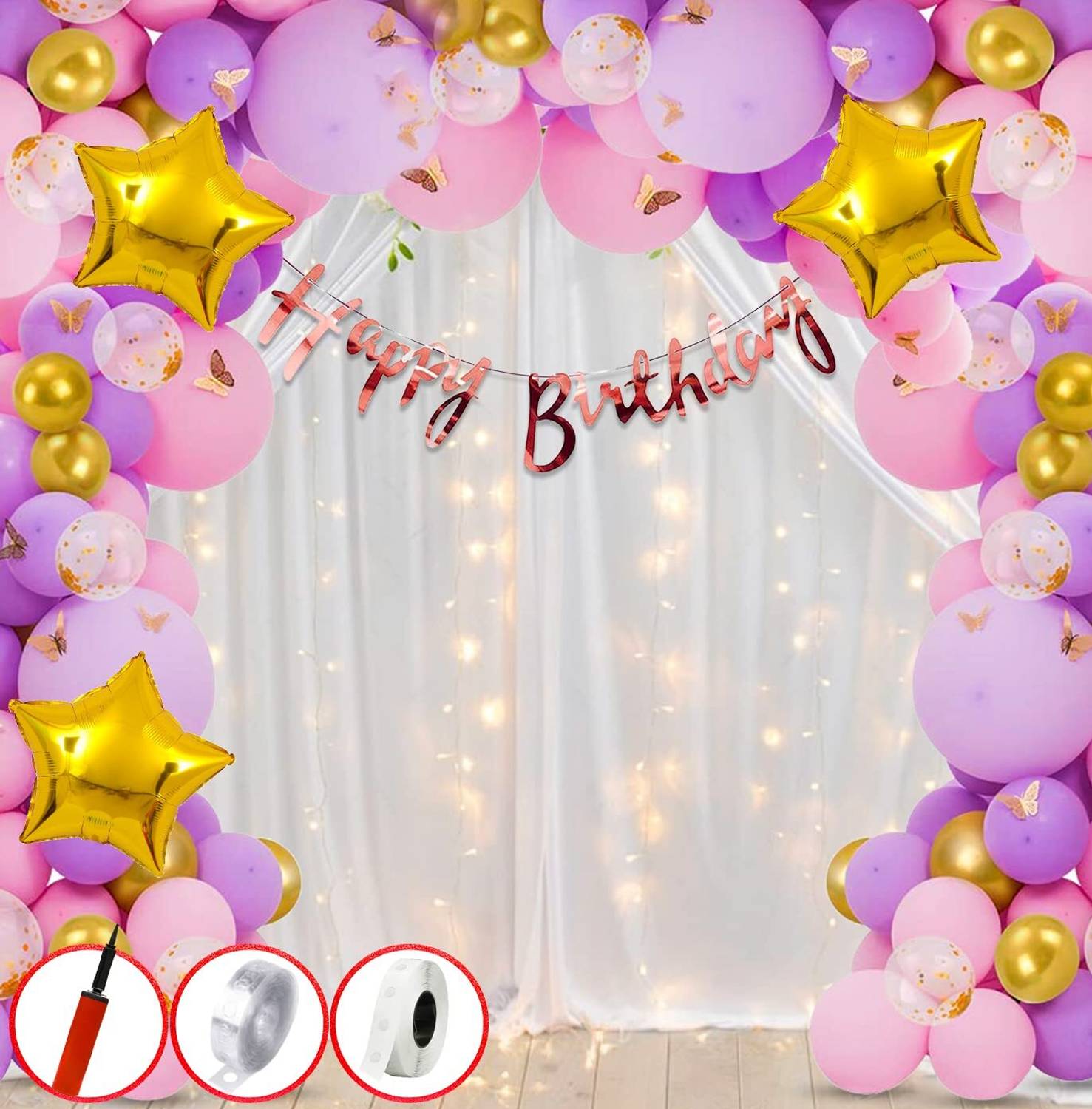 1iAM Birthday decoration/Purple theme birthday decoration combo with cabana net,light