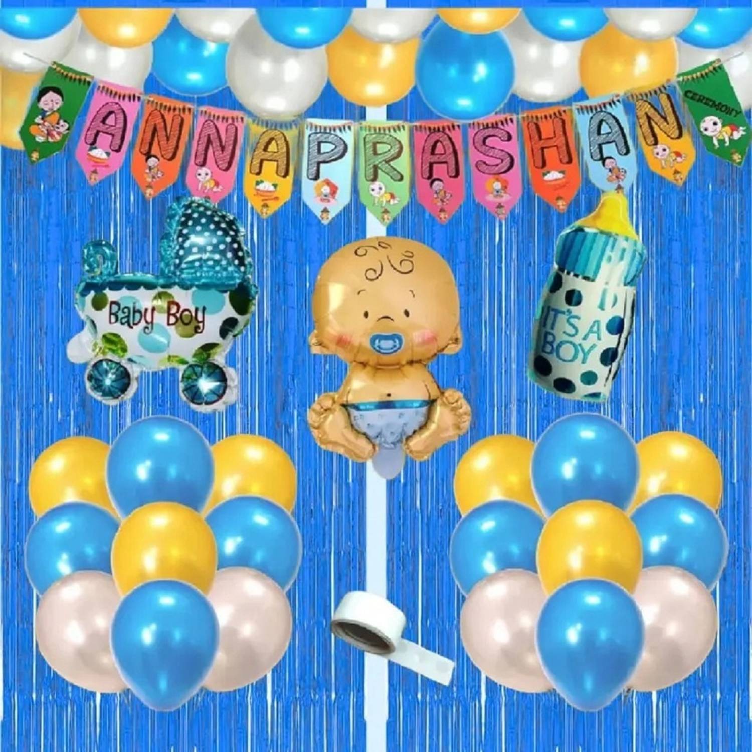 Agk Annaprashan Decoration Combo For Baby Boy, Banner, Balloons, Fringe Curtains