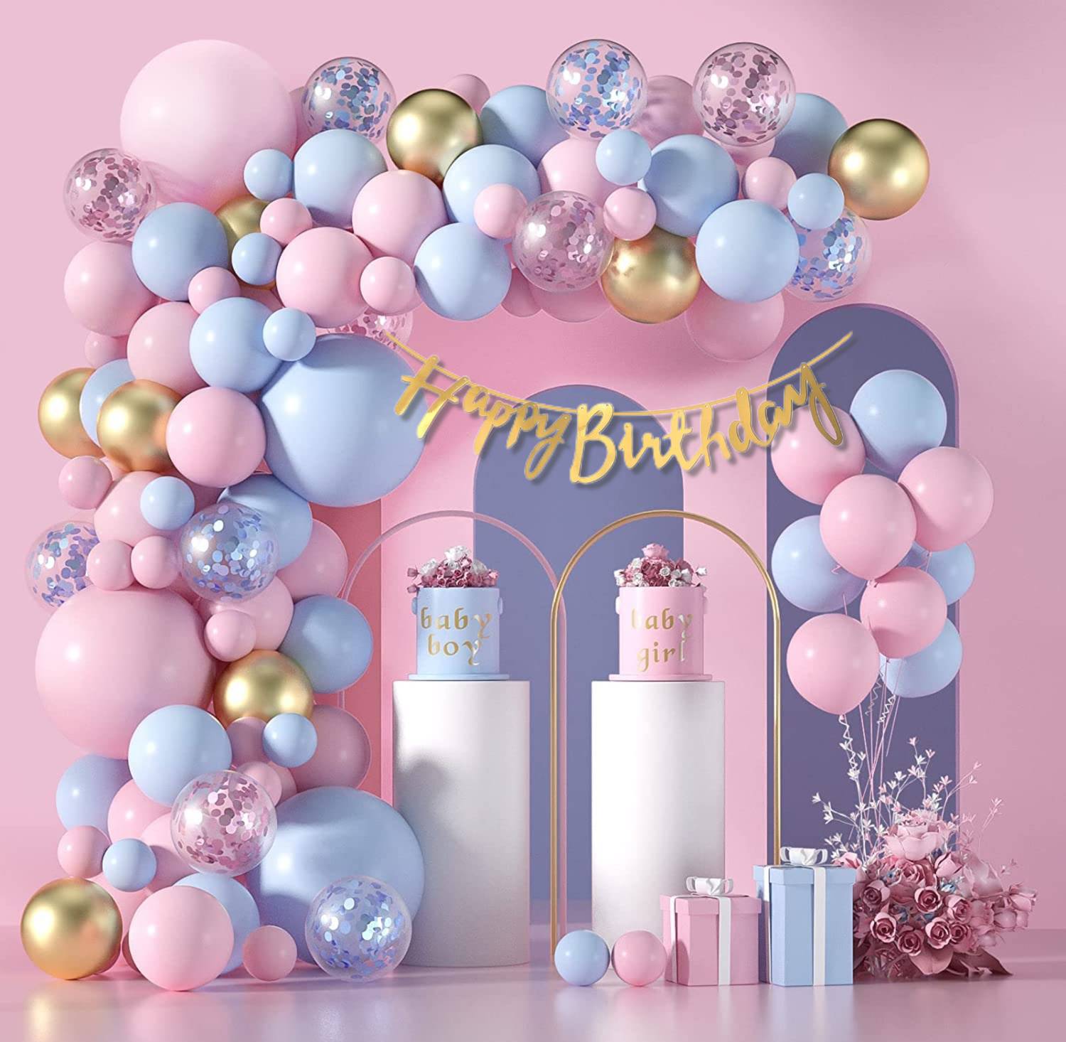 1iAM Birthday decoration combo with Pink-Blue-Golden balloons and Golden banner