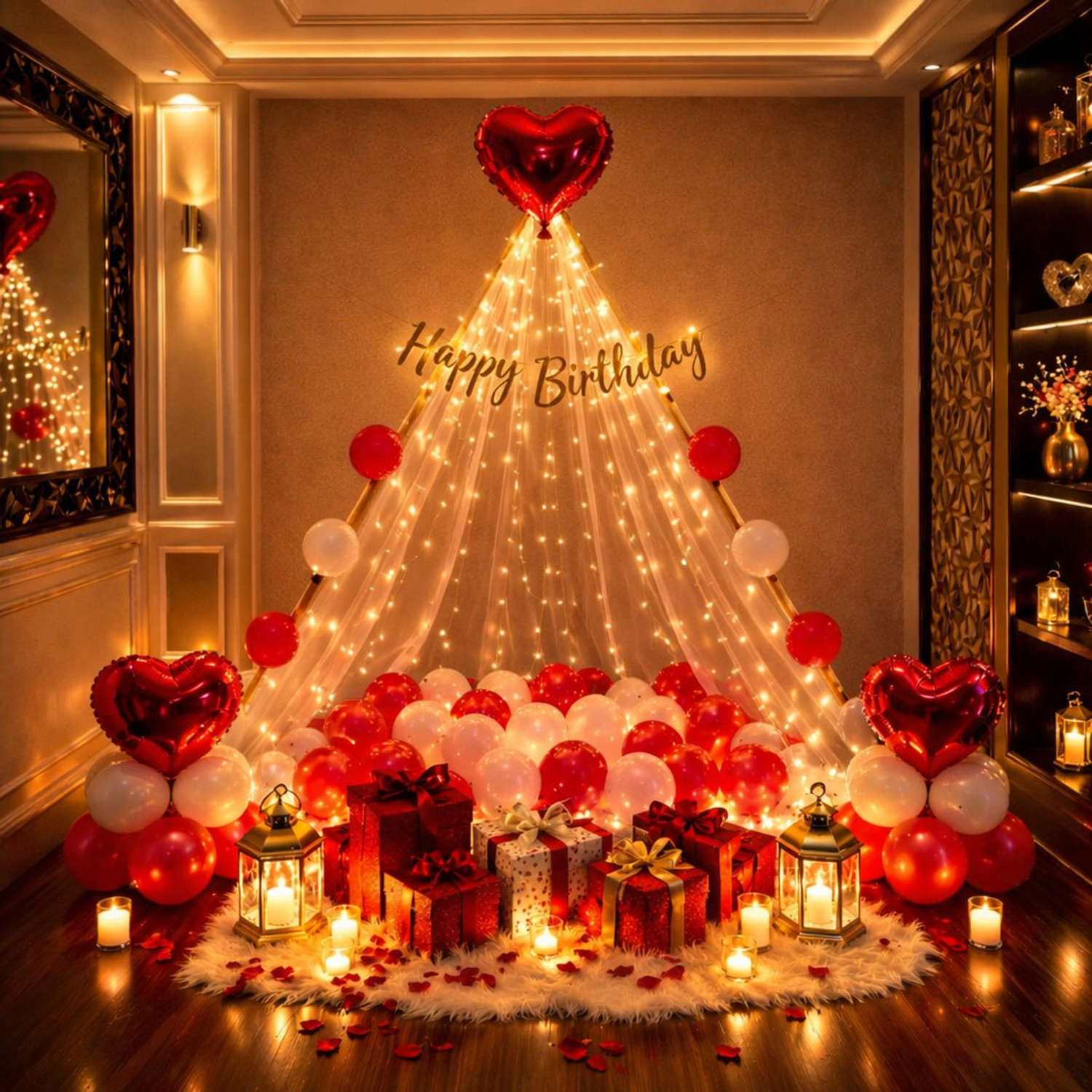 Image of REVAYAA Romantic Red Birthday Decoration Kit with Net Curtain LED Lights