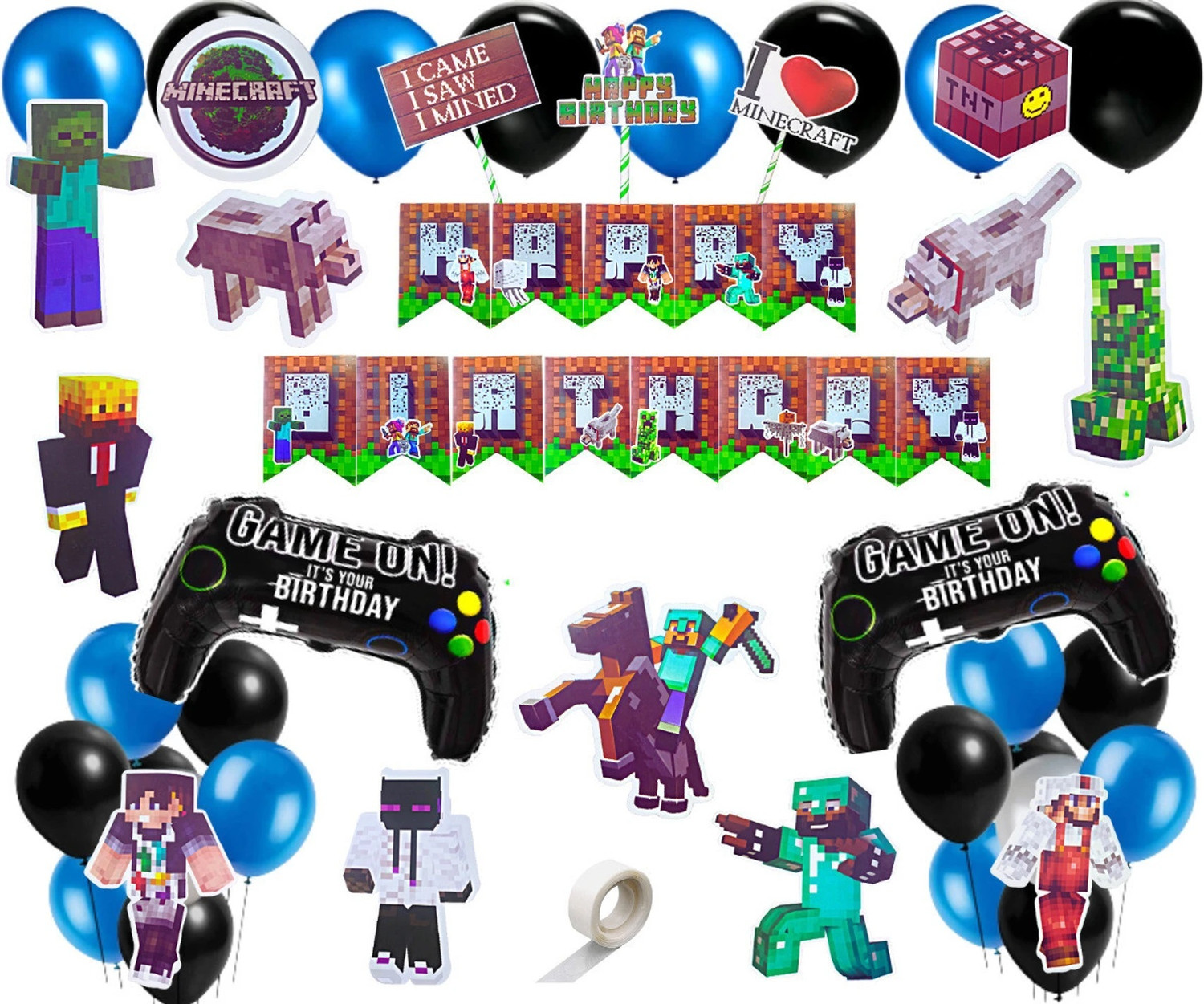 Image of FLICK IN 47 Pcs Minecraft Theme Birthday Decorations Set with Balloons