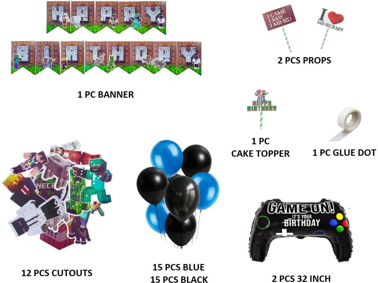 Image of FLICK IN 47 Pcs Minecraft Theme Birthday Decorations Set with Balloons