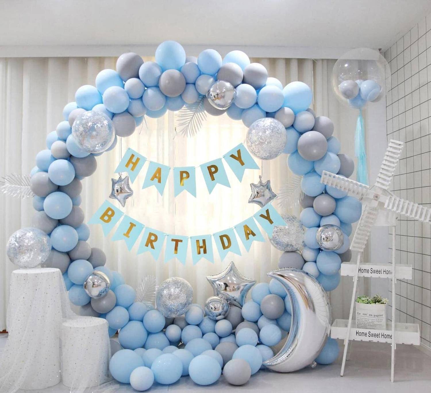 1iAM Birthday/First birthday decoration combo with Blue-White-Silver balloons, banner