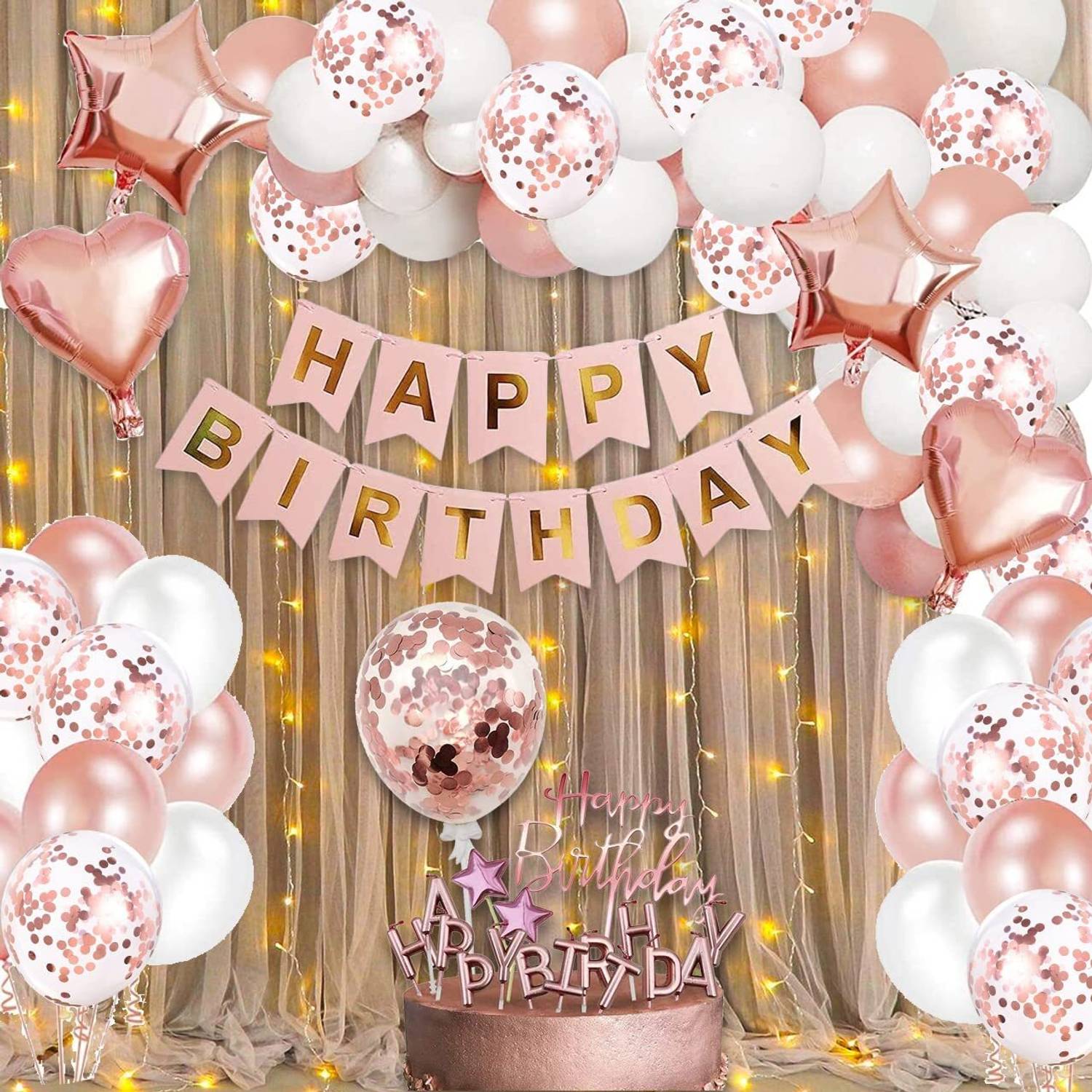 1iAM Birthday decoration combo with Rose gold, White balloons, Star, Heart balloons