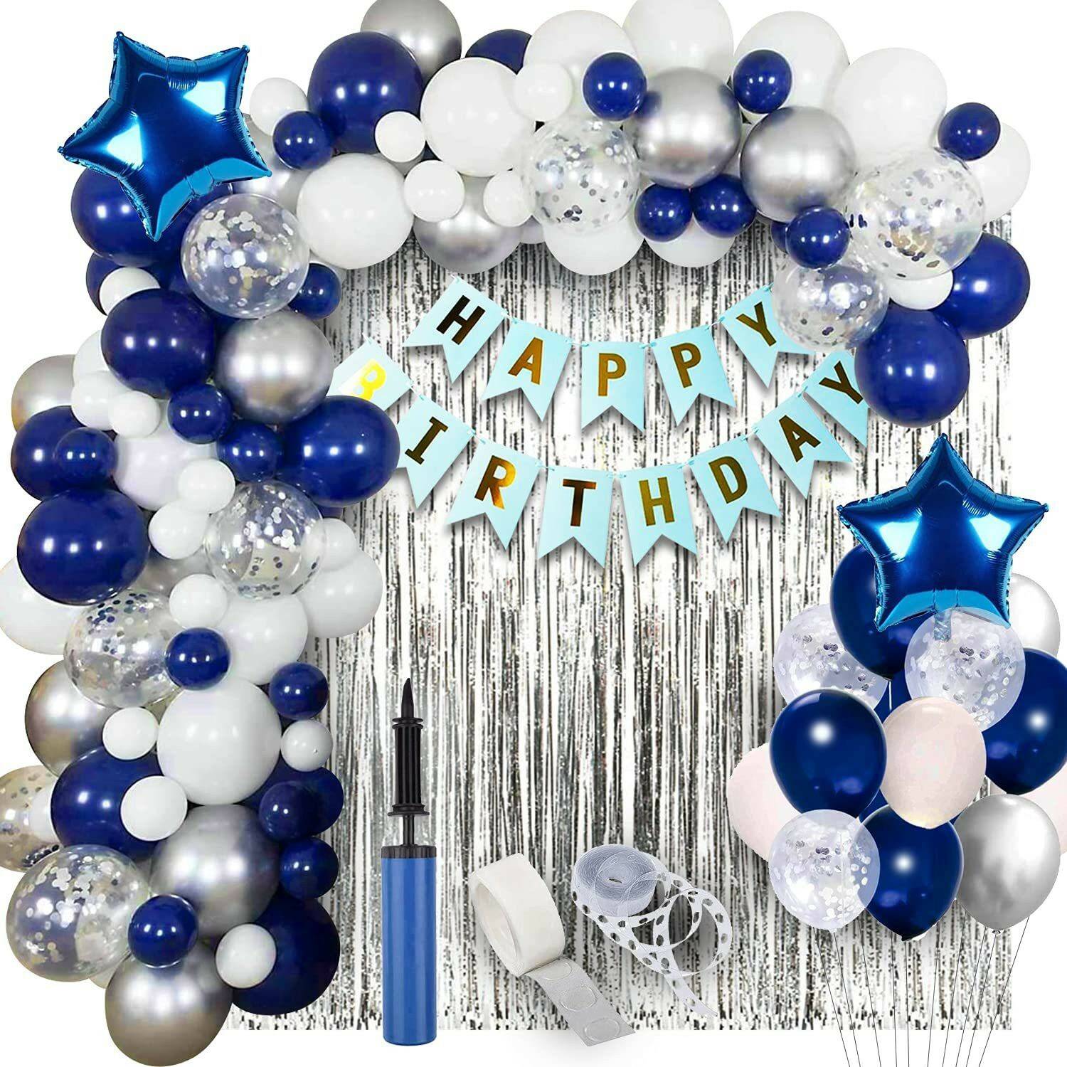 1iAM Birthday decoration combo with Blue-White-Silver balloons and star foil balloons