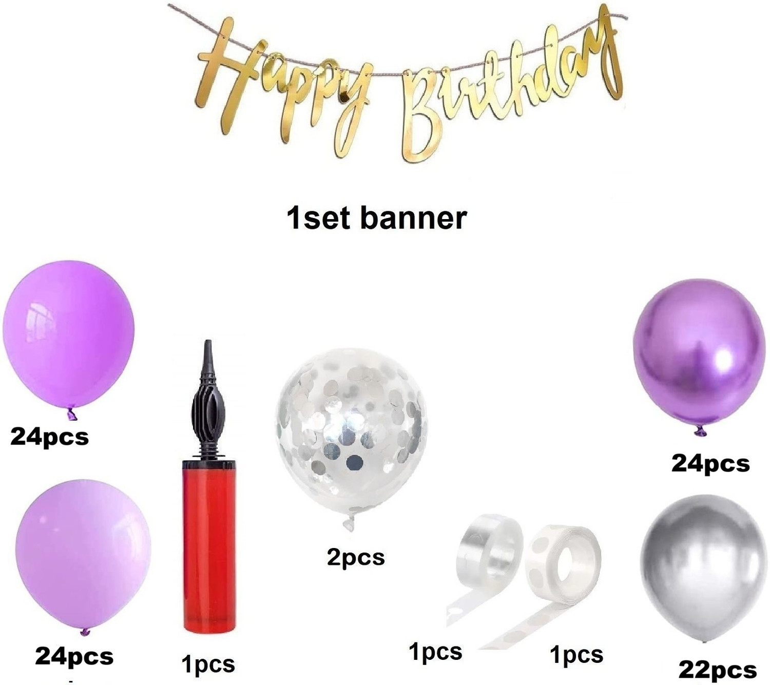 Image of R G ACCESSORIES Purple Silver Balloons, Happy Birthday Decoration Kit (Pack Of 100)