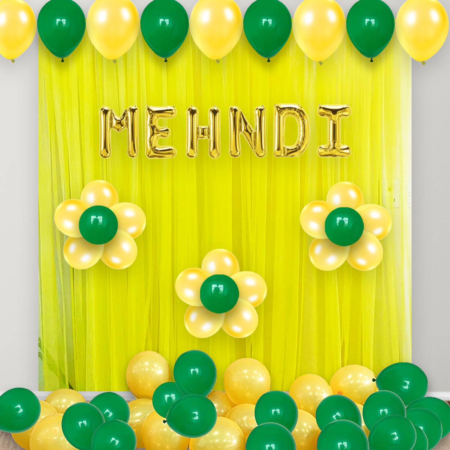 1iAM Mehndi decoration with Yellow,Green balloons,Mehndi balloon,Yellow cabana net