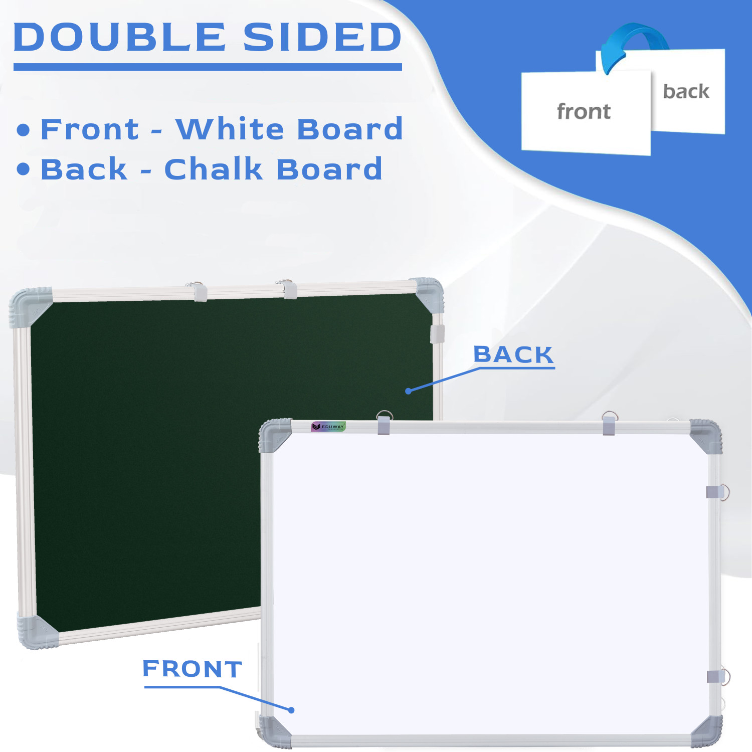 Image of Eduway Non Magnetic 2X3 Ft. Double Sided White Board and Chalk Board with Sliding Hanging Clips, Robust Aluminum Frame and Smooth Melamine Surface (89x59 Cms) Whiteboards (White, Green)
