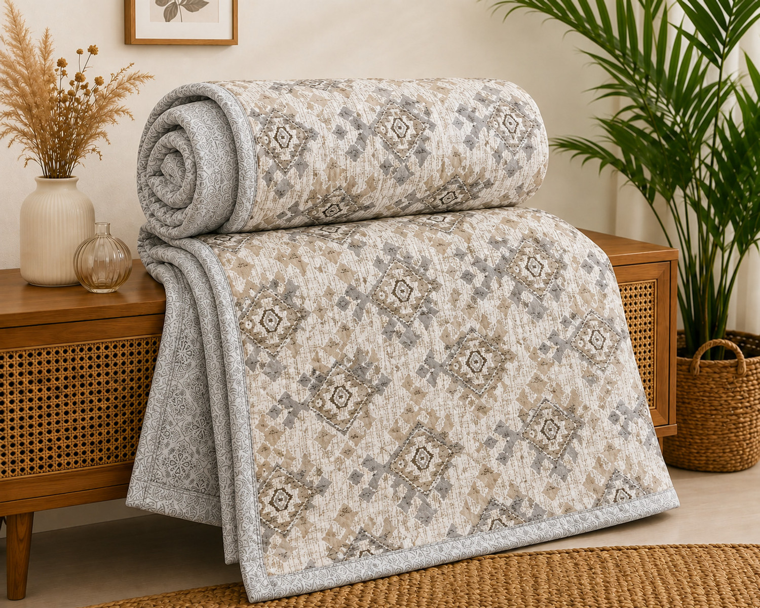 Image of Comfort Shield Printed Single AC Blanket for AC Room (Cotton, Beige, Grey)