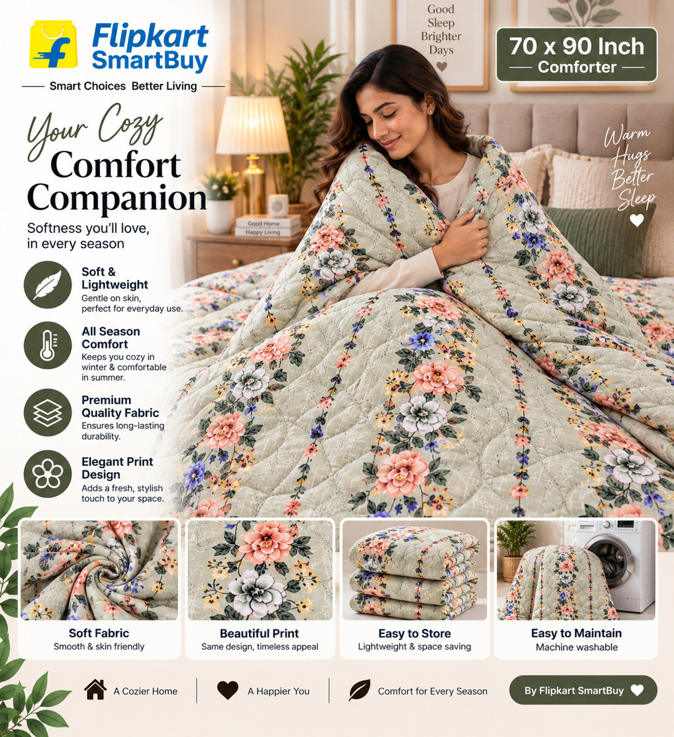 Image of Flipkart SmartBuy Printed Double AC Blanket for All Season (Poly Cotton, Light Green)