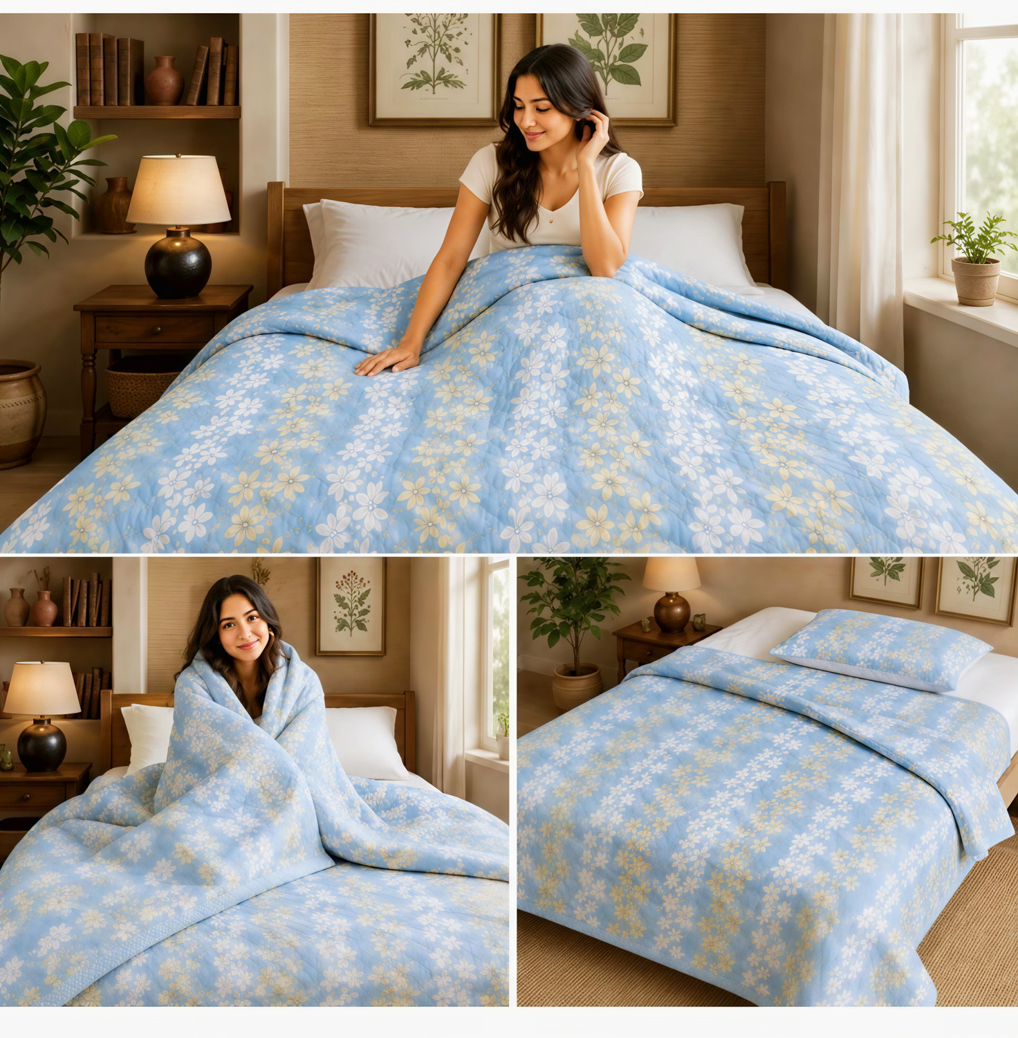 Image of STOMIA Floral Double Dohar for All Season (Cotton, Light Blue)