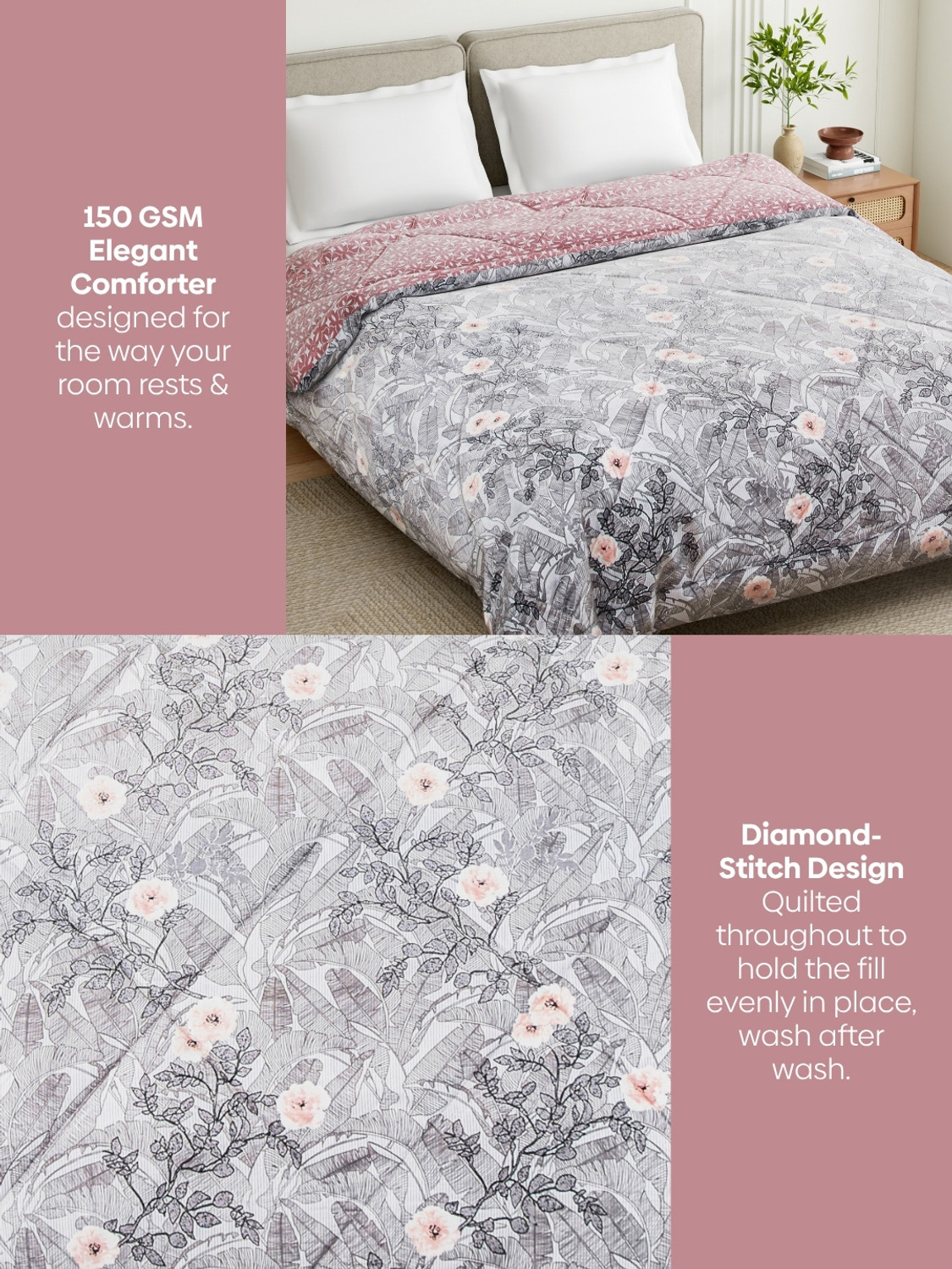 Image of haus & kinder Printed Double Comforter for AC Room (Polyester, Blush Botanica)