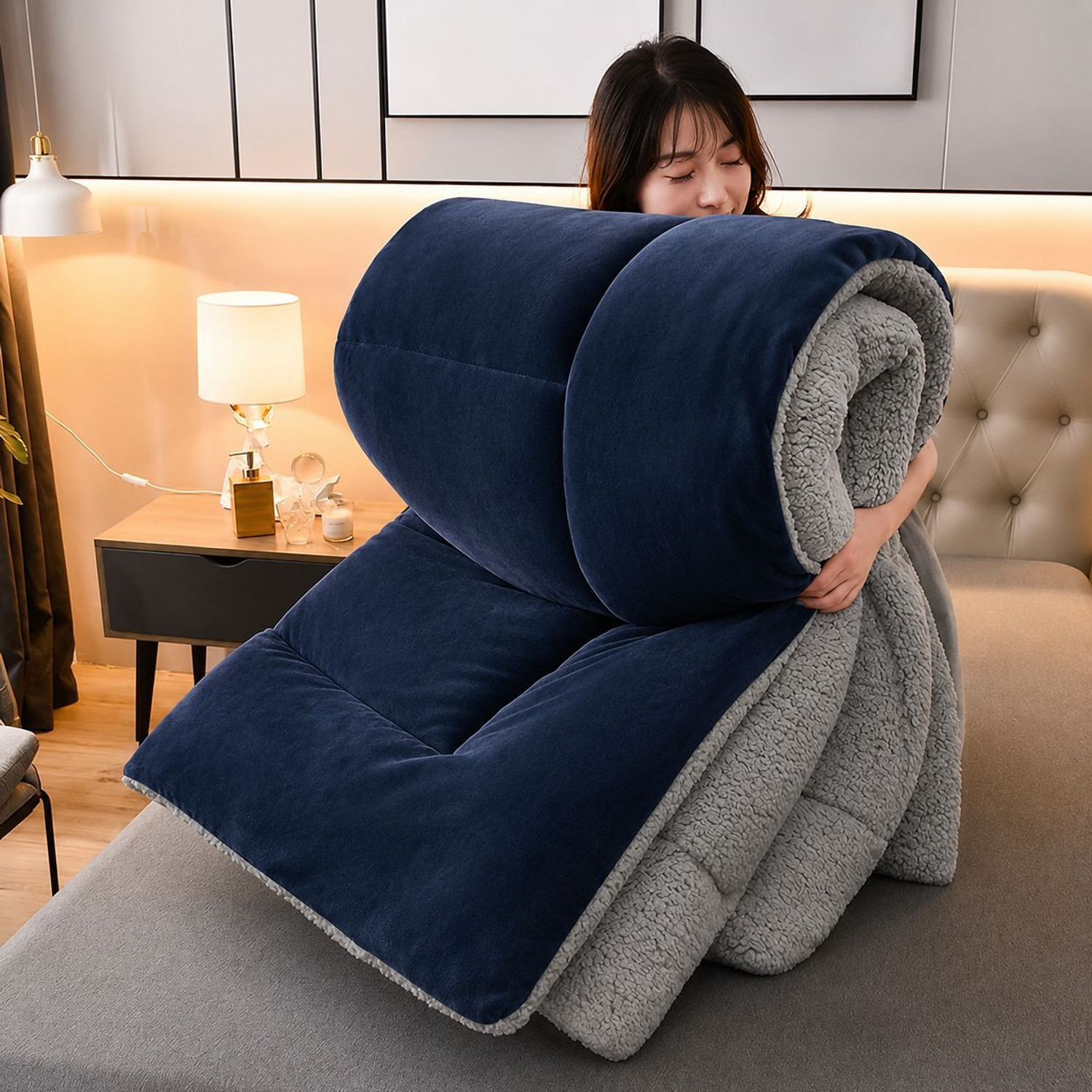 Image of Relaxfeel Solid Double Weighted Blanket for Heavy Winter (Fur, navy & Grey)