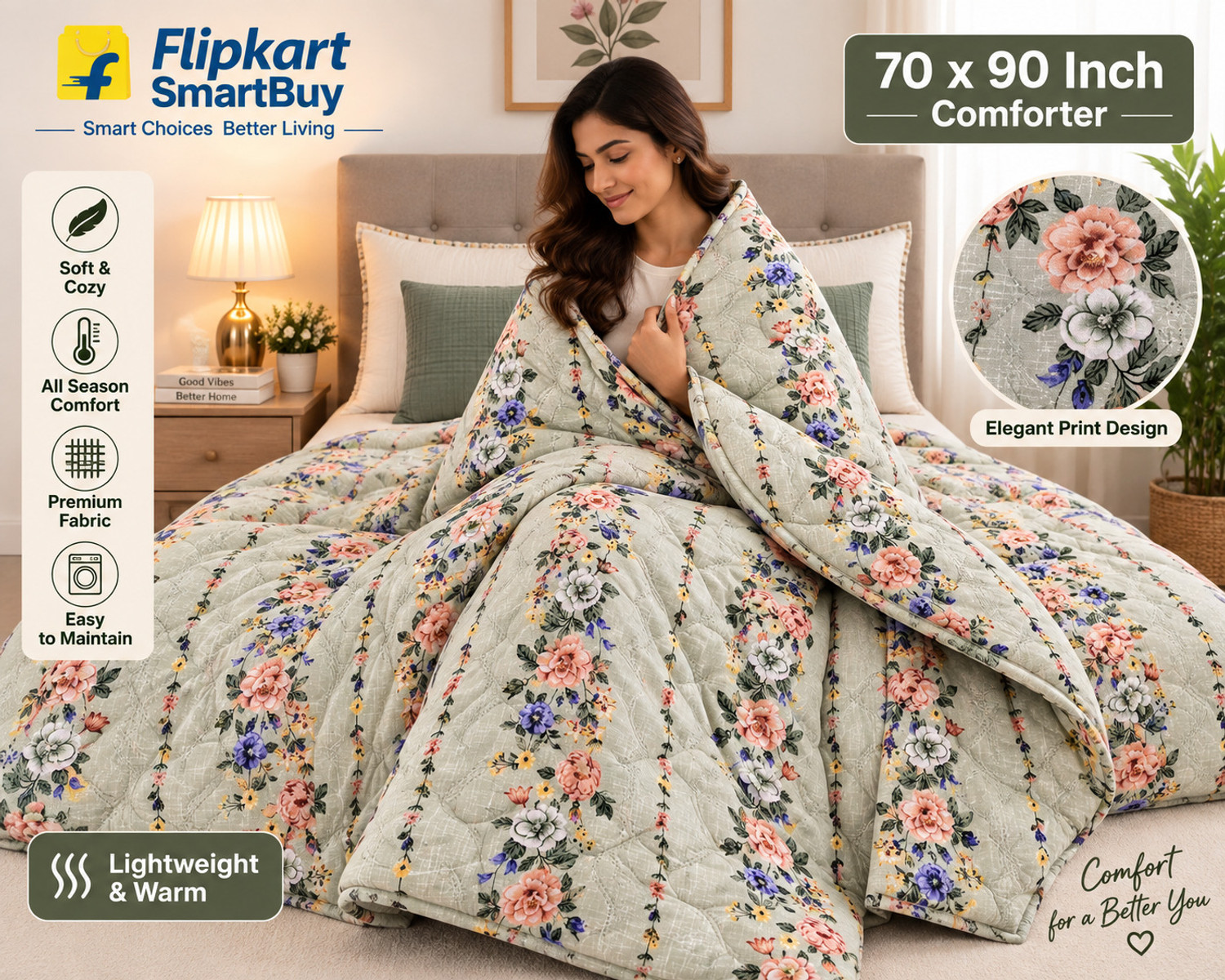 Image of Flipkart SmartBuy Printed Double AC Blanket for All Season (Poly Cotton, Light Green)