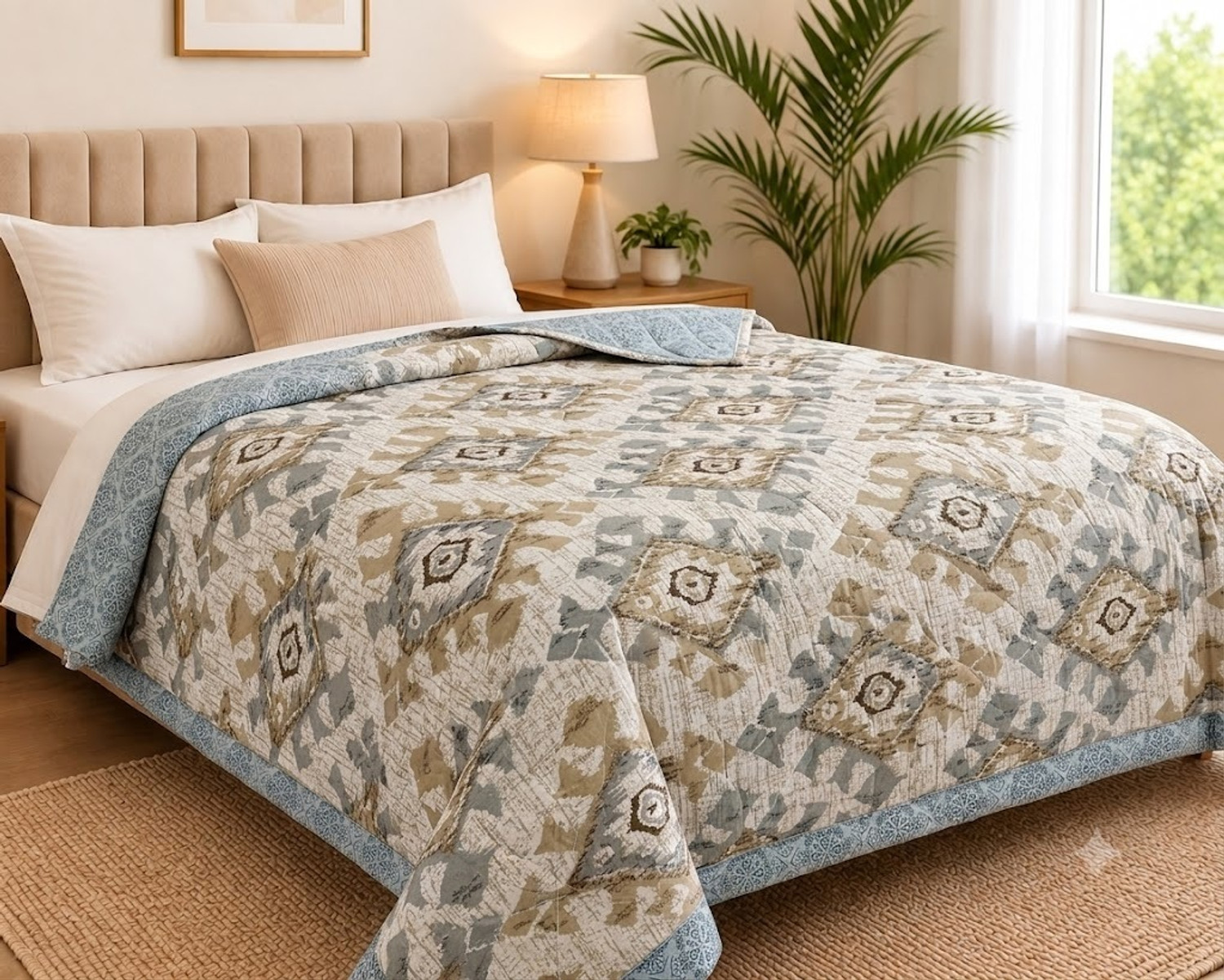 Image of Comfort Shield Printed Single AC Blanket for AC Room (Cotton, Beige, Grey)