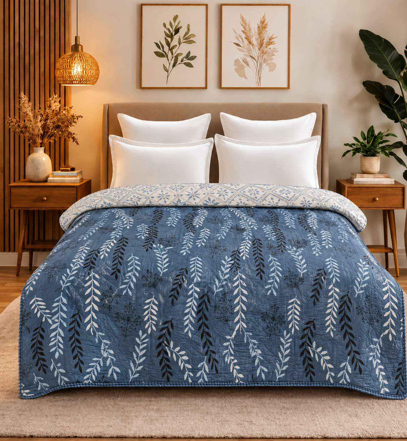 Image of Shemart Floral Double Dohar for AC Room (Cotton, Navy Blue)