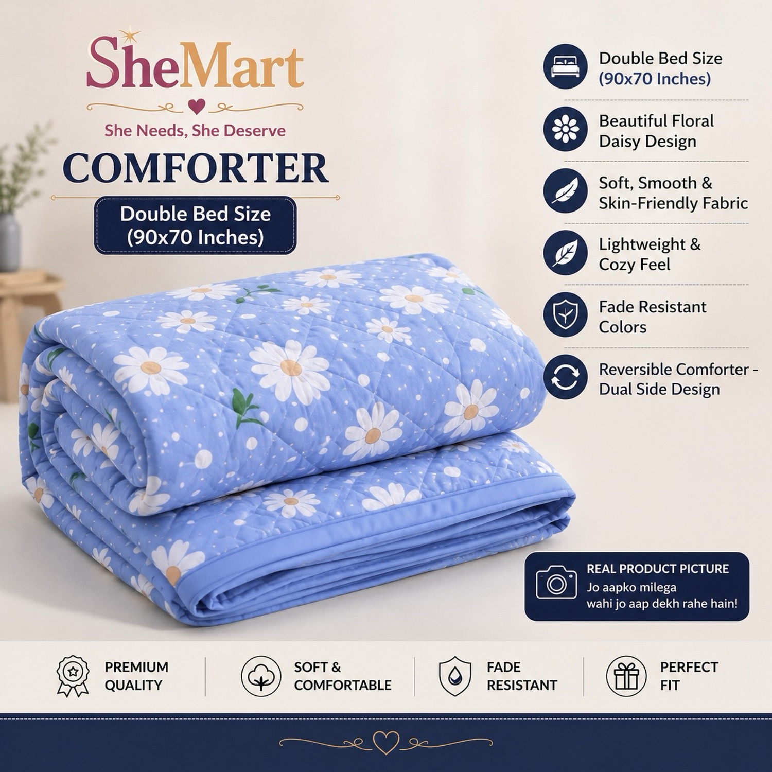 Image of Shemart Floral Double Dohar for All Season (Cotton, Blue)