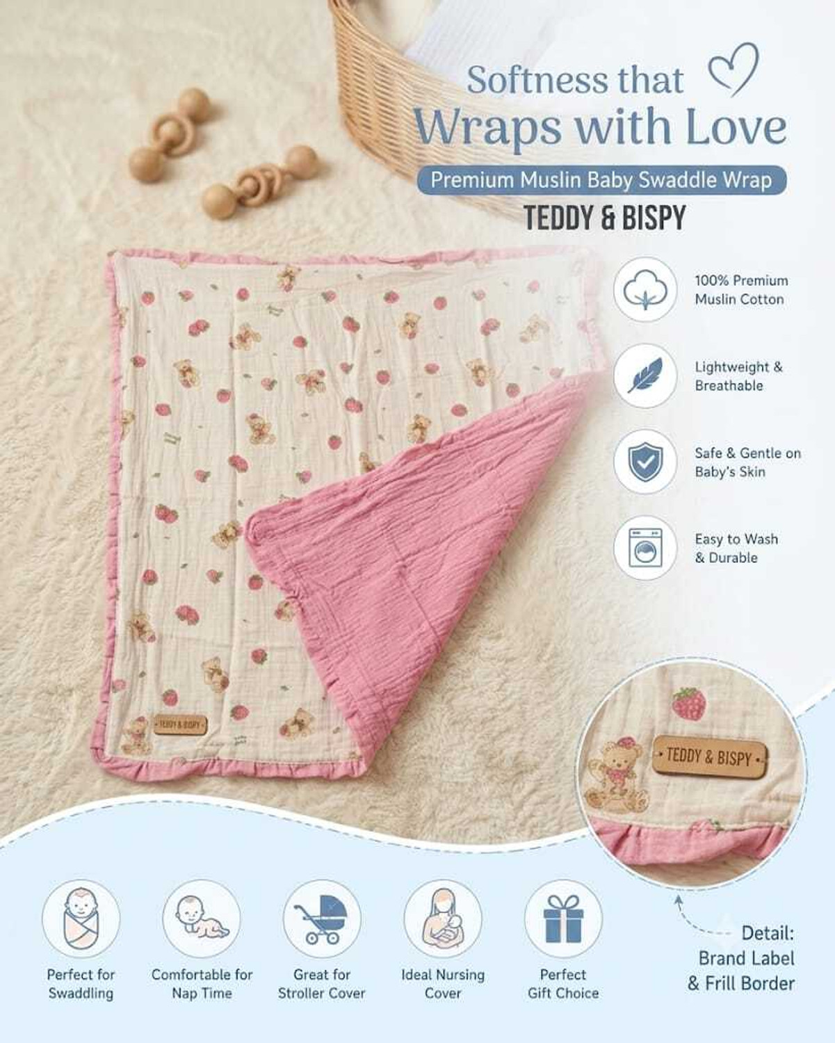 Image of BABY HOLIC Printed Crib Swaddling Baby Blanket for All Season (Muslin, Pink)