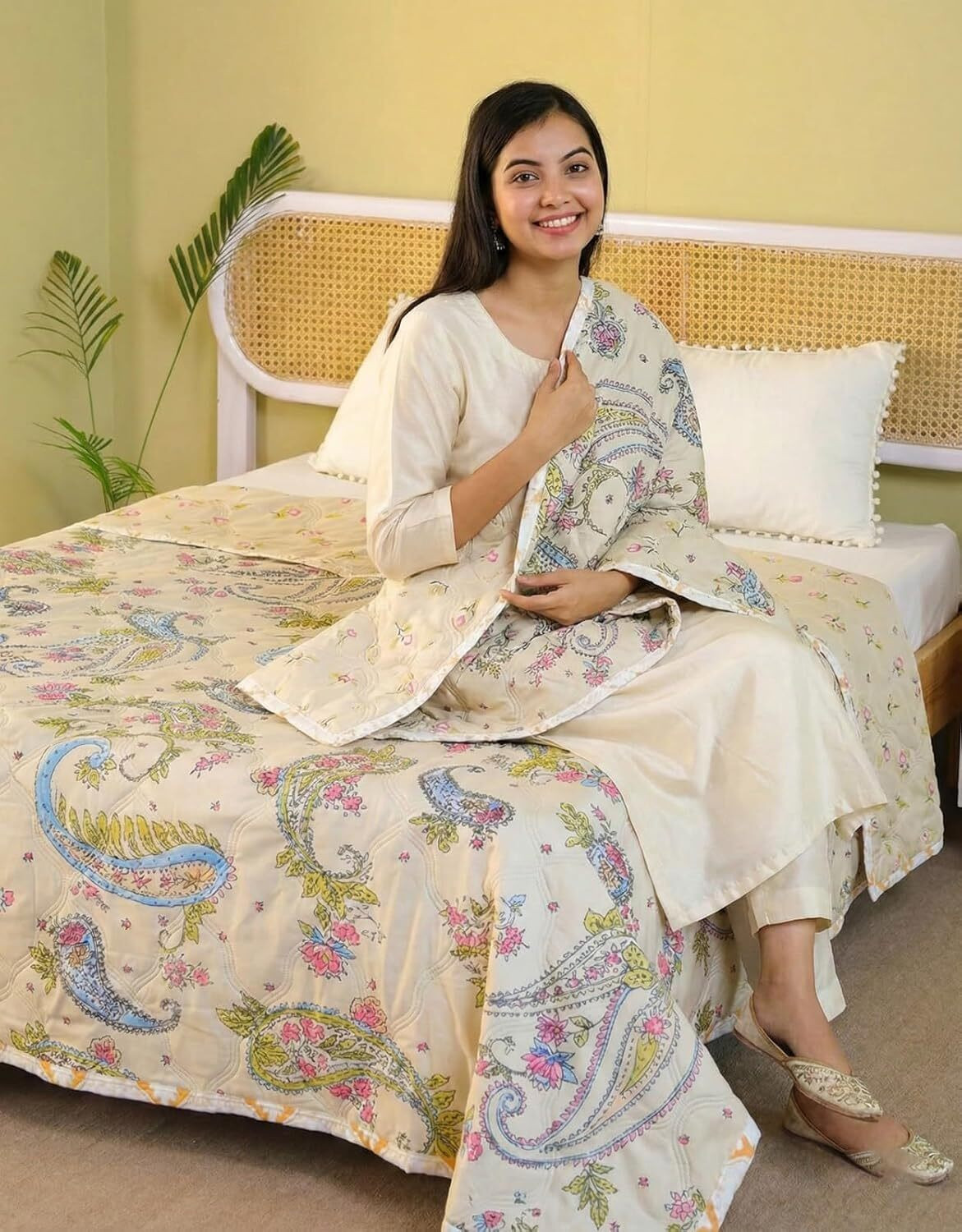 Image of TINDLER KNOTS Floral Double Comforter for AC Room (Cotton, Beige Multi)