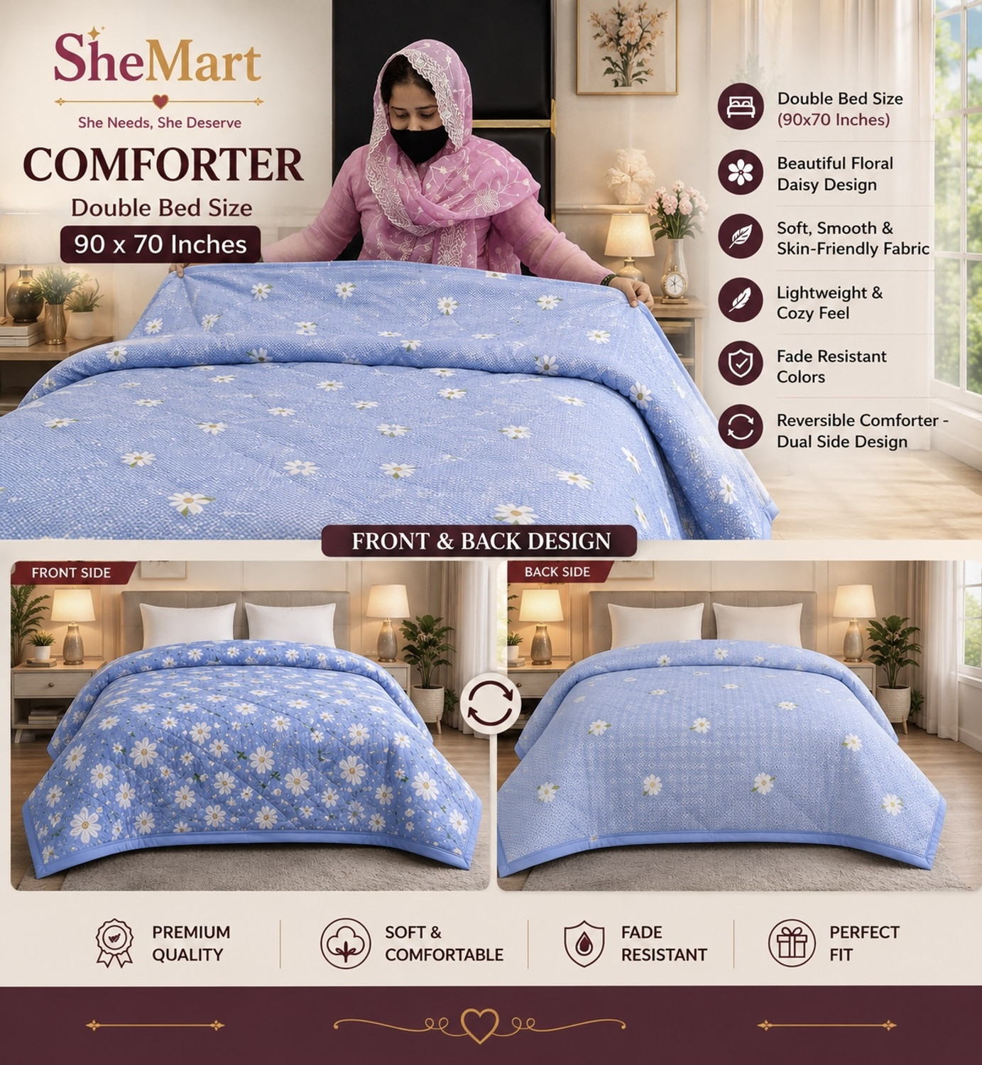 Image of Shemart Floral Double Dohar for All Season (Cotton, Blue)