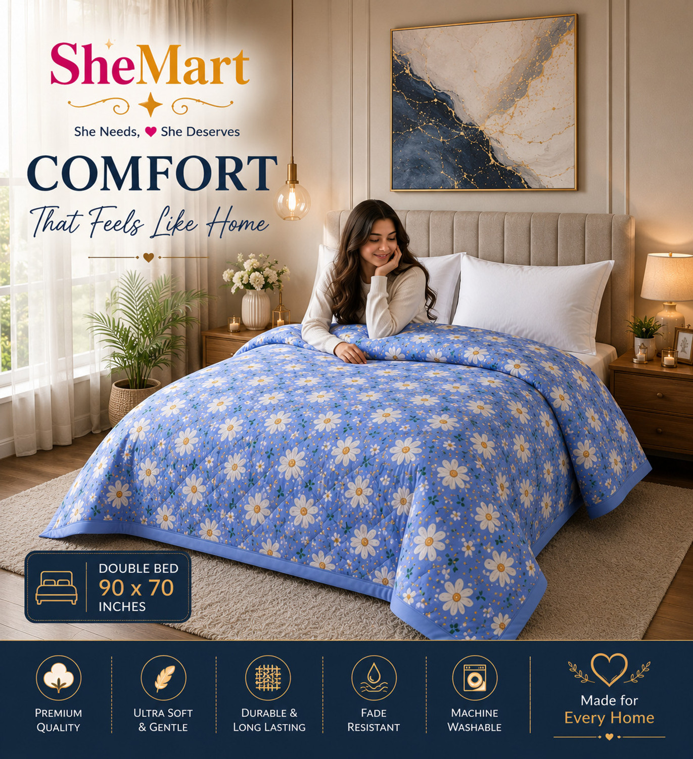 Image of Shemart Floral Double Dohar for All Season (Cotton, Blue)