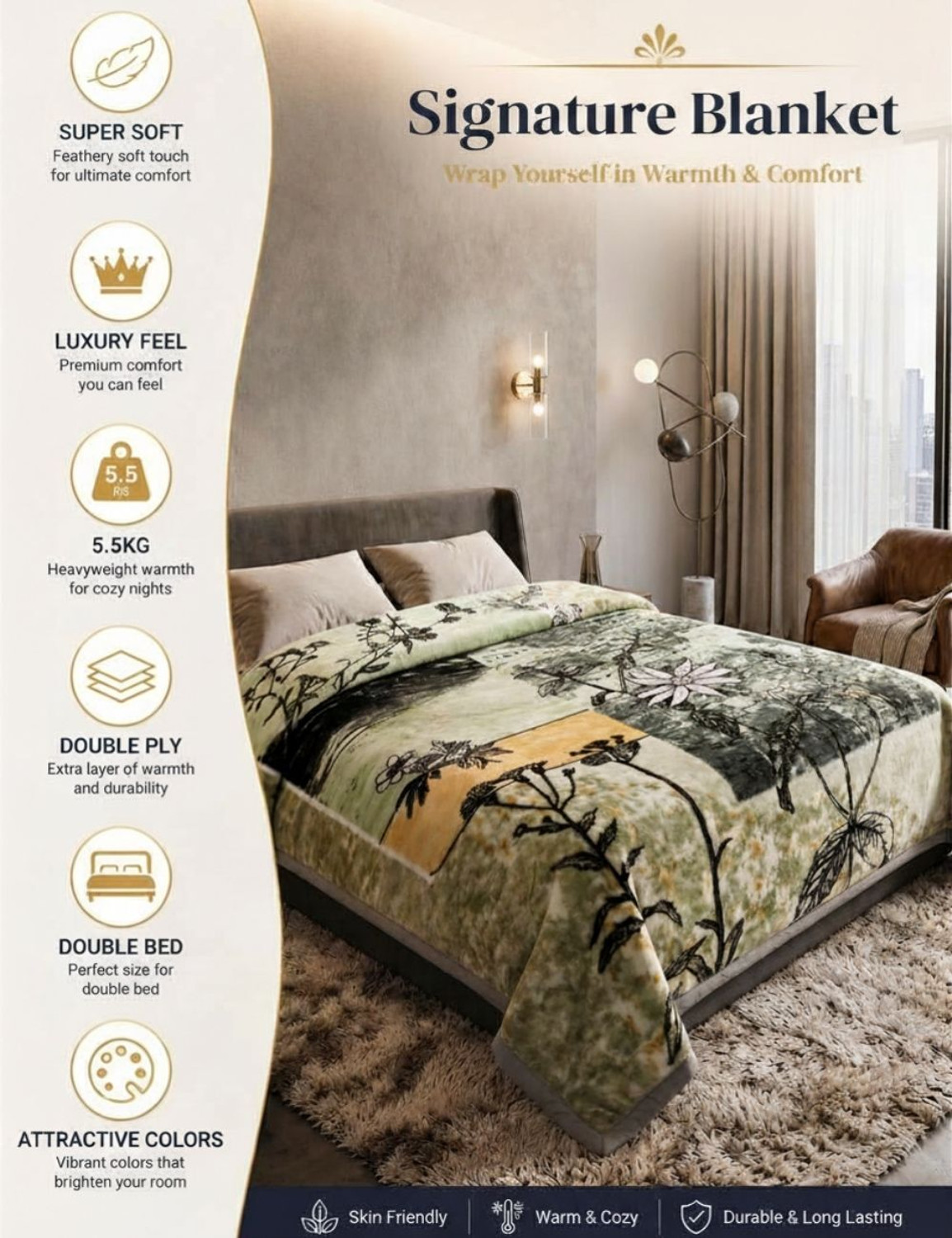 Image of Signature Floral Double Weighted Blanket for Heavy Winter (Polyester, Olive Green)