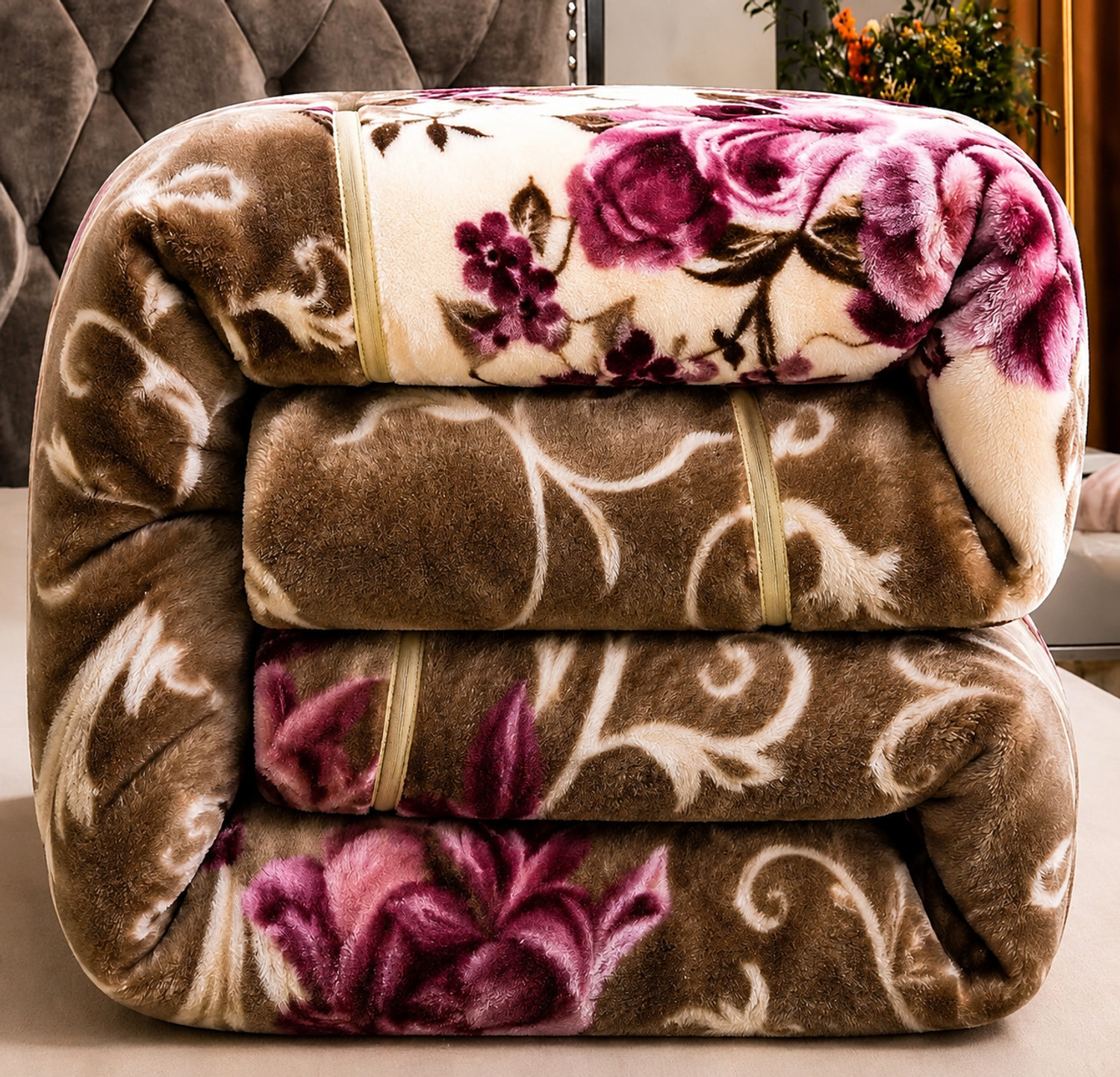 Image of Comfowell Floral Double Weighted Blanket for Heavy Winter (Cotton, BROWNWHITE)
