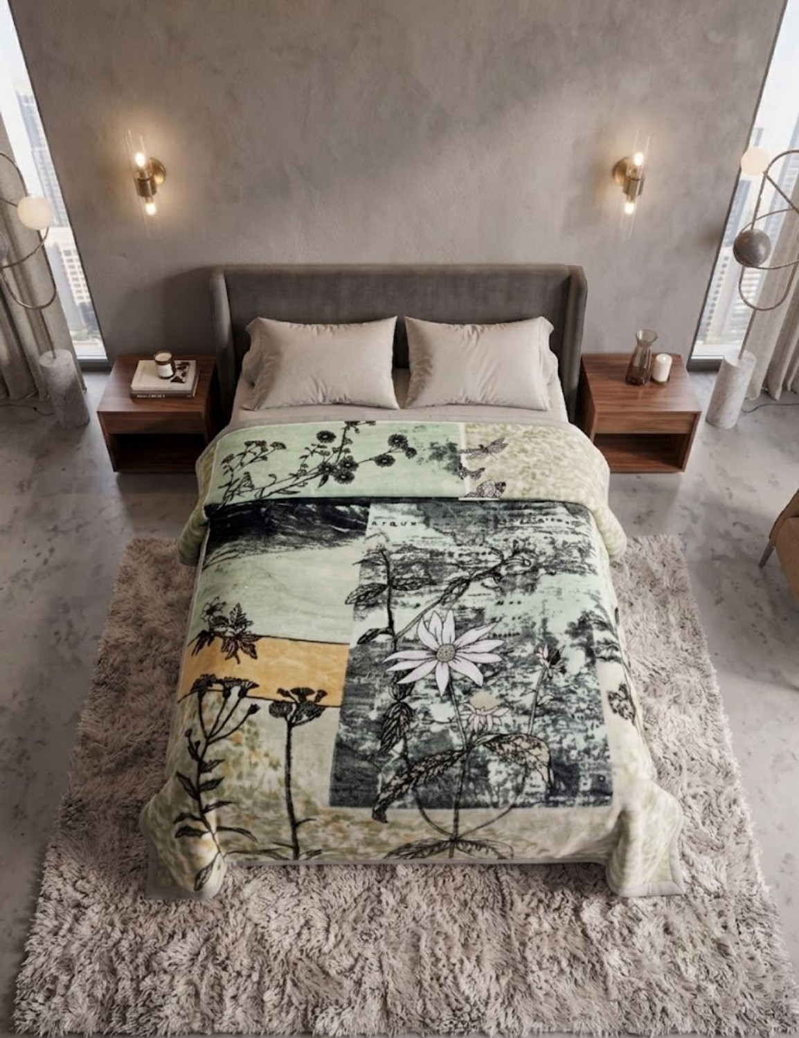Image of Signature Floral Double Weighted Blanket for Heavy Winter (Polyester, Olive Green)