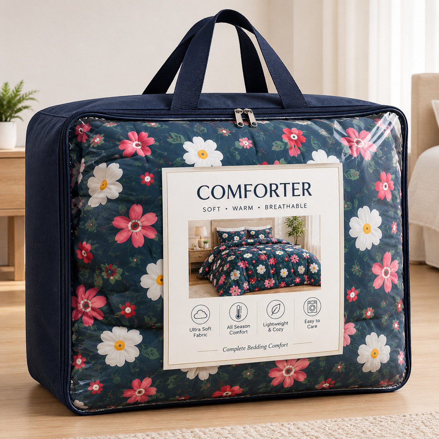 Image of Spire@Home Printed Double Comforter for AC Room (Cotton, Blue Flower)