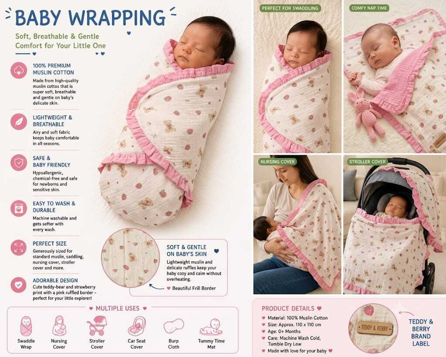 Image of BABY HOLIC Printed Crib Swaddling Baby Blanket for All Season (Muslin, Pink)
