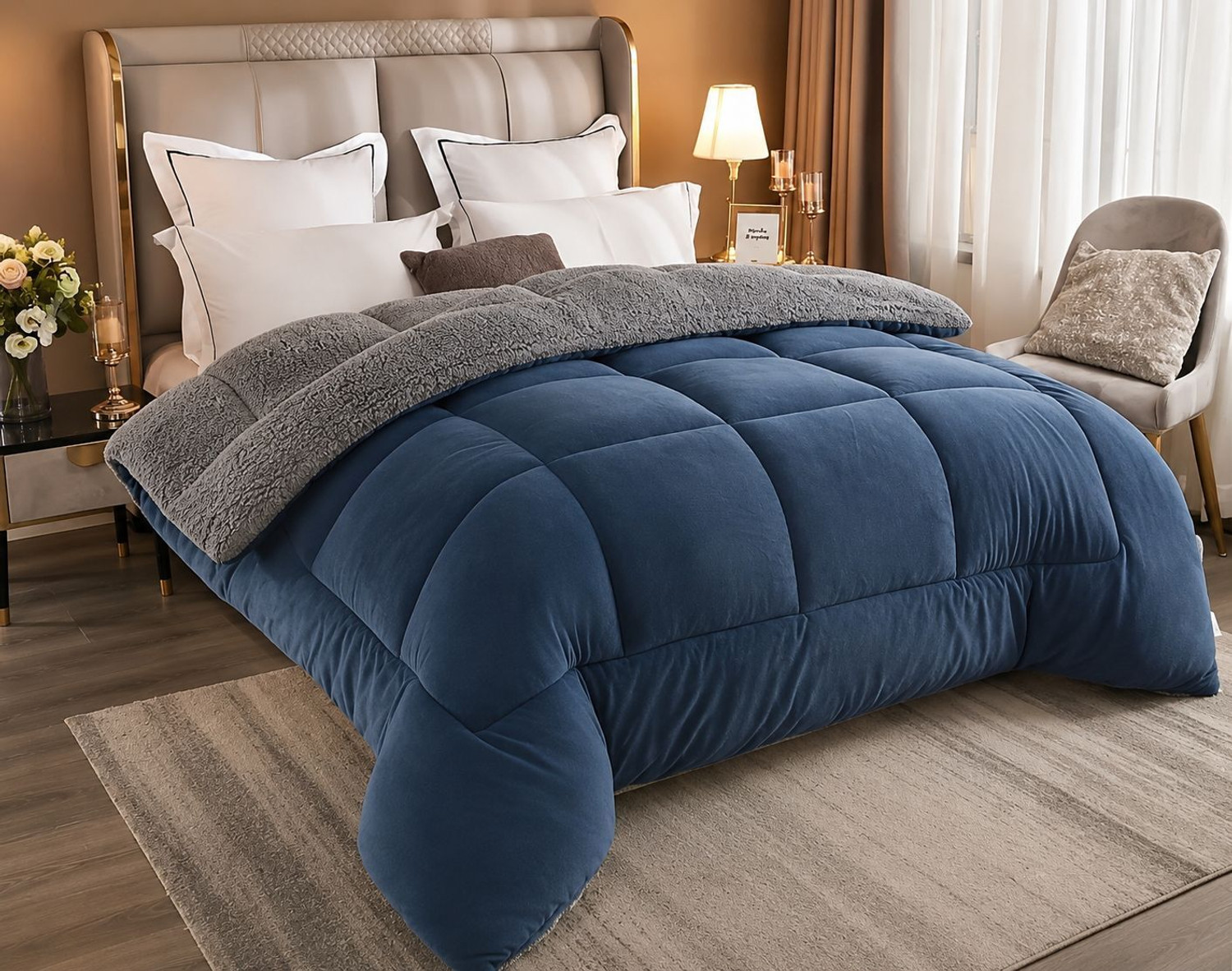 Image of Relaxfeel Solid Double Weighted Blanket for Heavy Winter (Fur, navy & Grey)