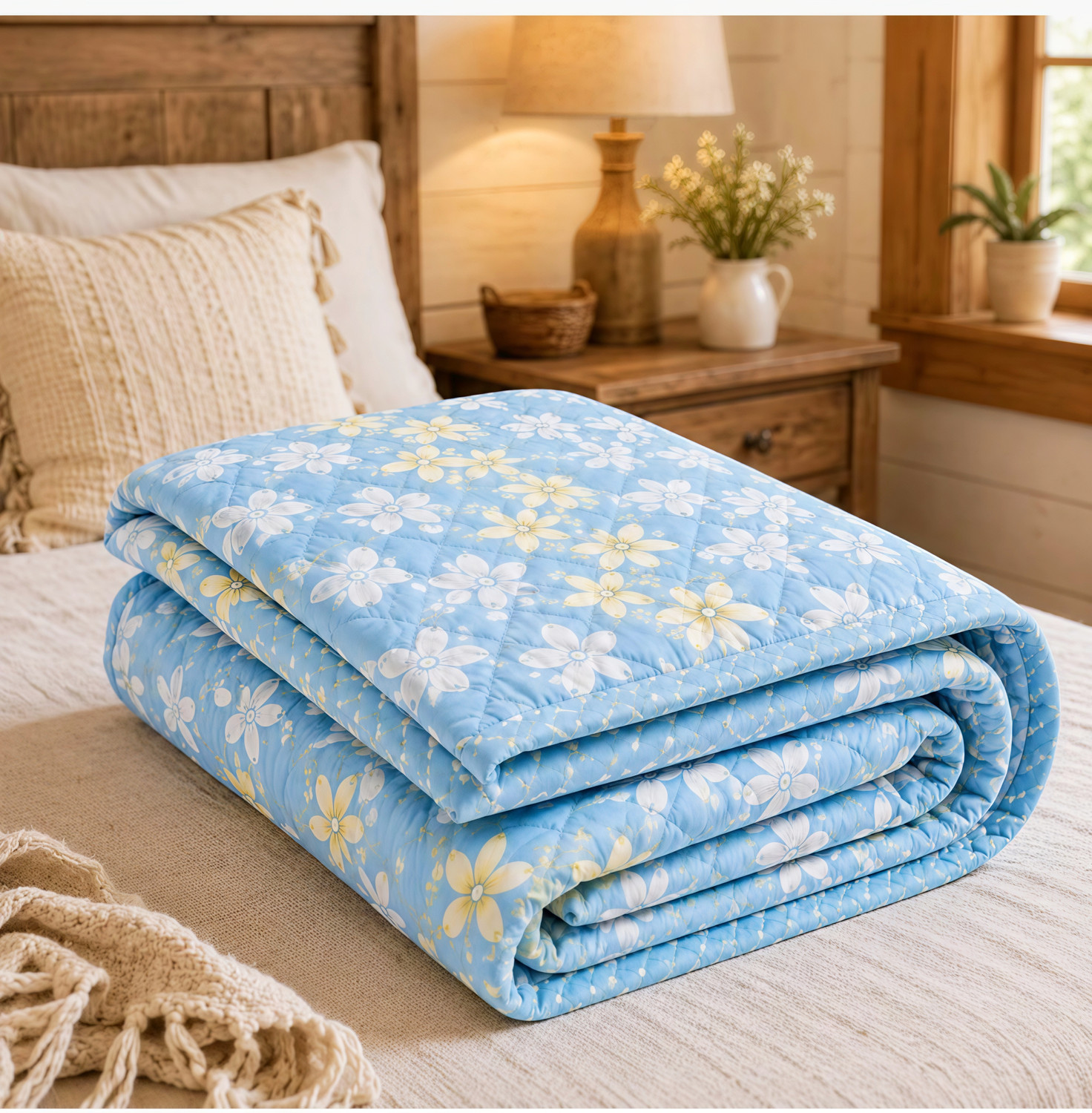 Image of STOMIA Floral Double Dohar for All Season (Cotton, Light Blue)
